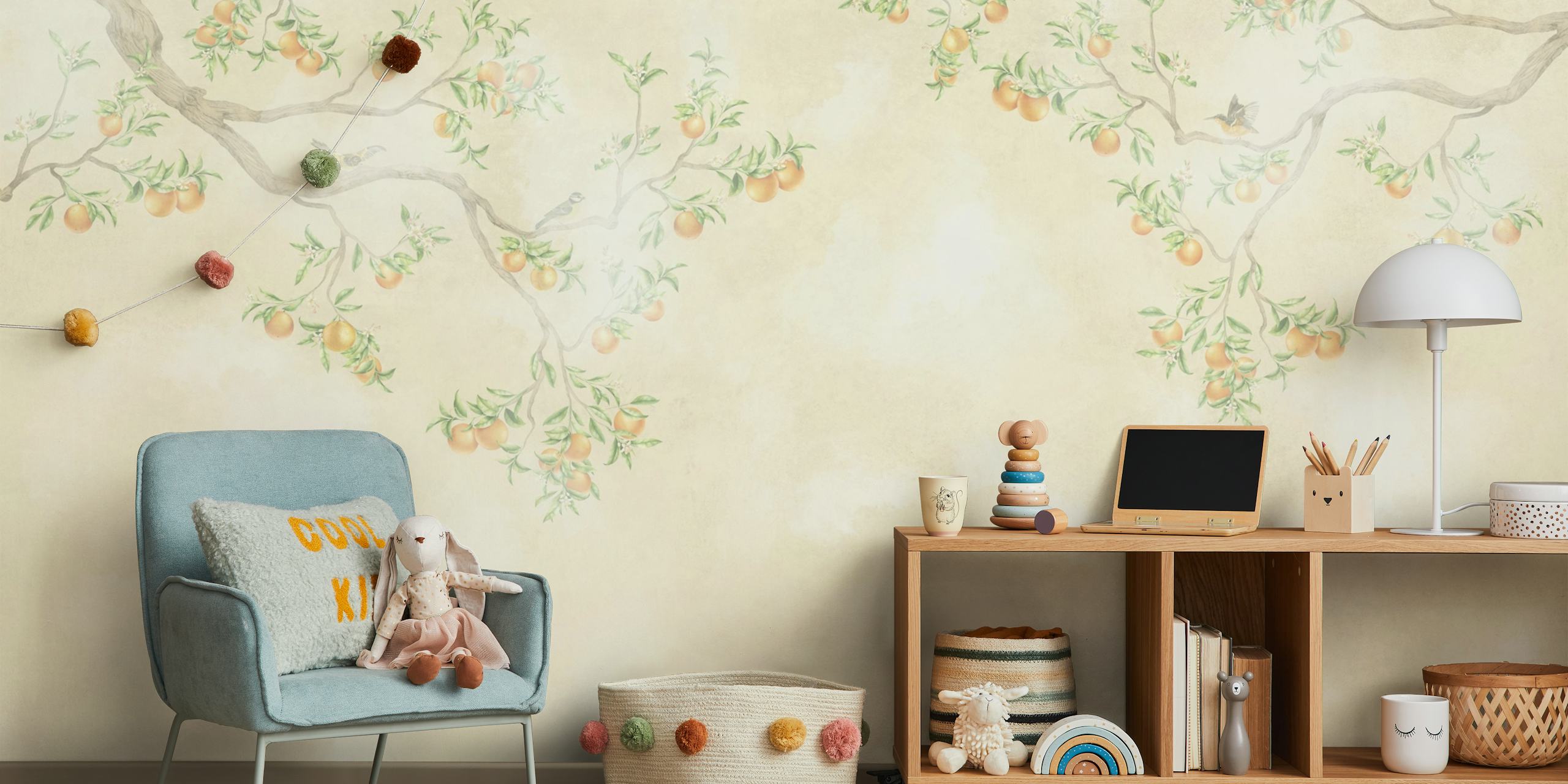 Pastel orange tree branches with foliage and oranges wallpaper