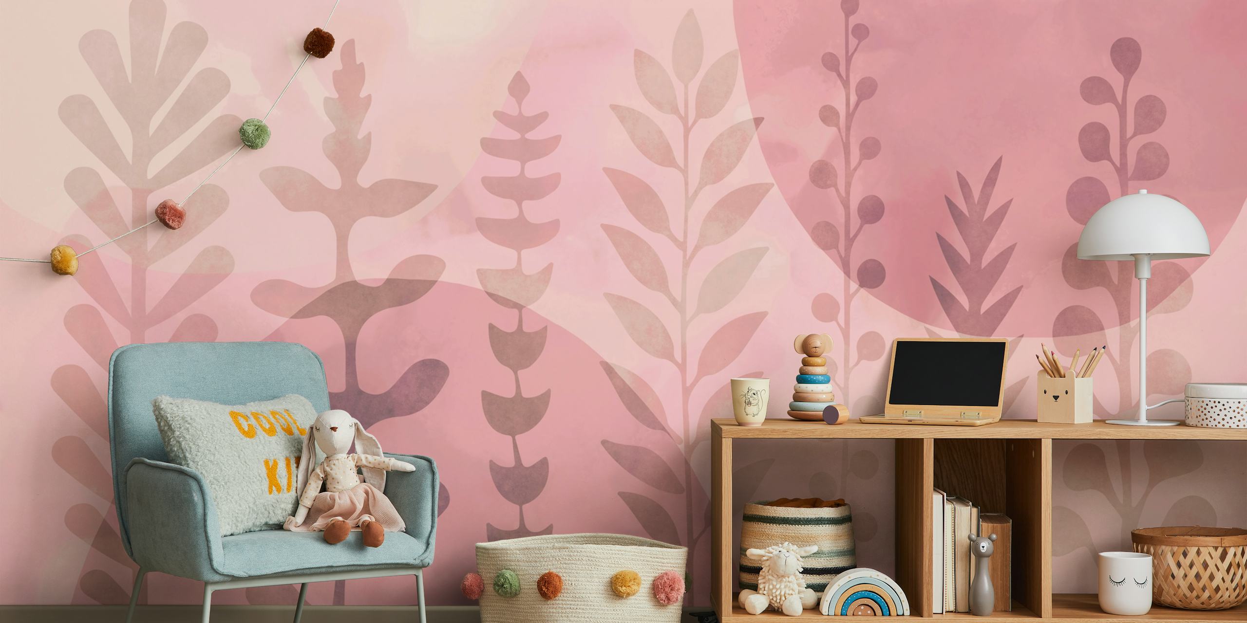 Abstrakcyjna fototapeta z motywami botanicznymi w pastelowych odcieniach różu