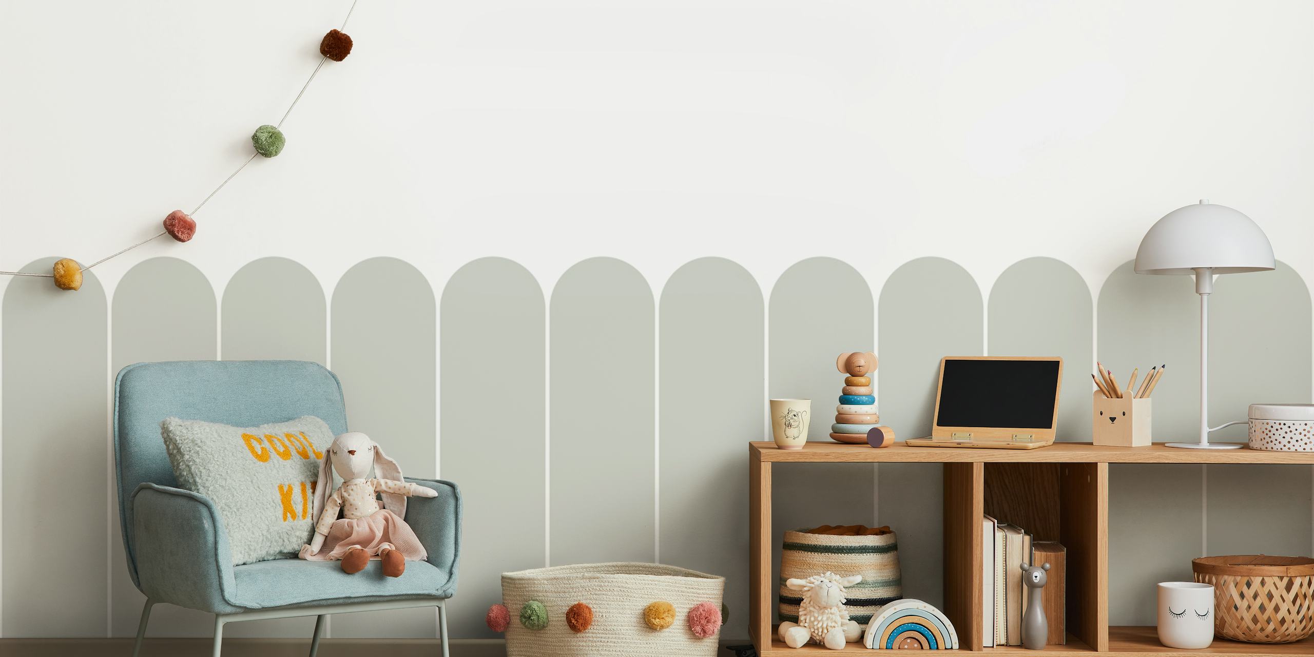Geometric arches in sage green on a white background wallpaper