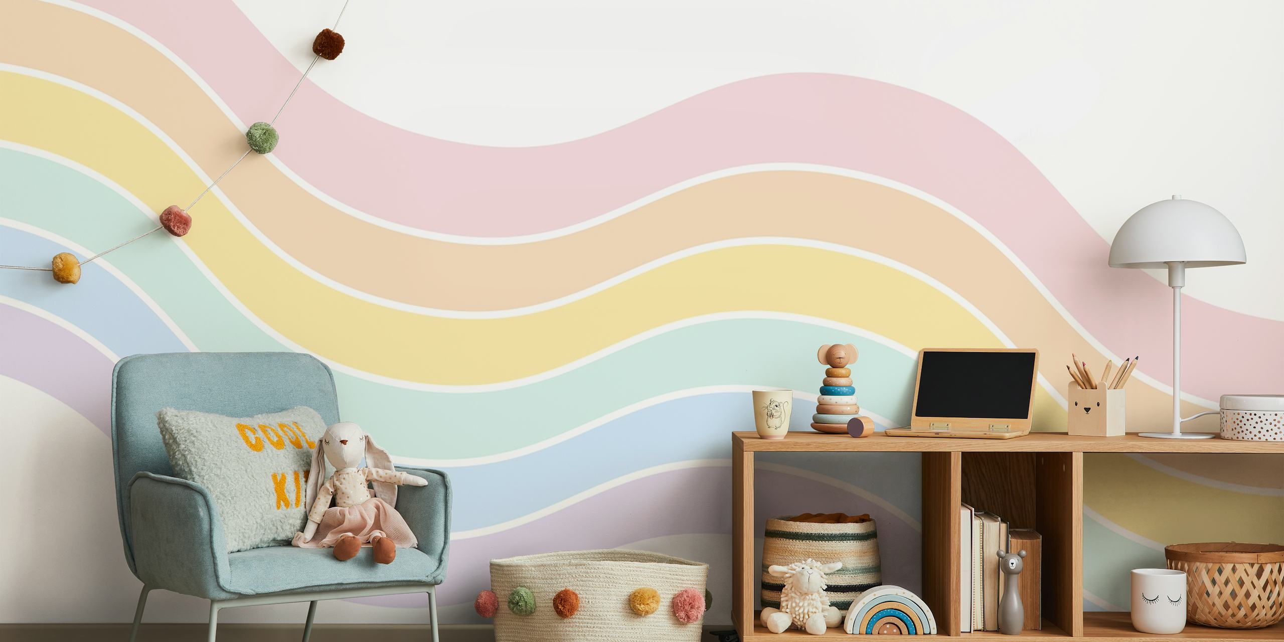 Pastel wavy lines in pink, yellow, blue, and lavender wallpaper