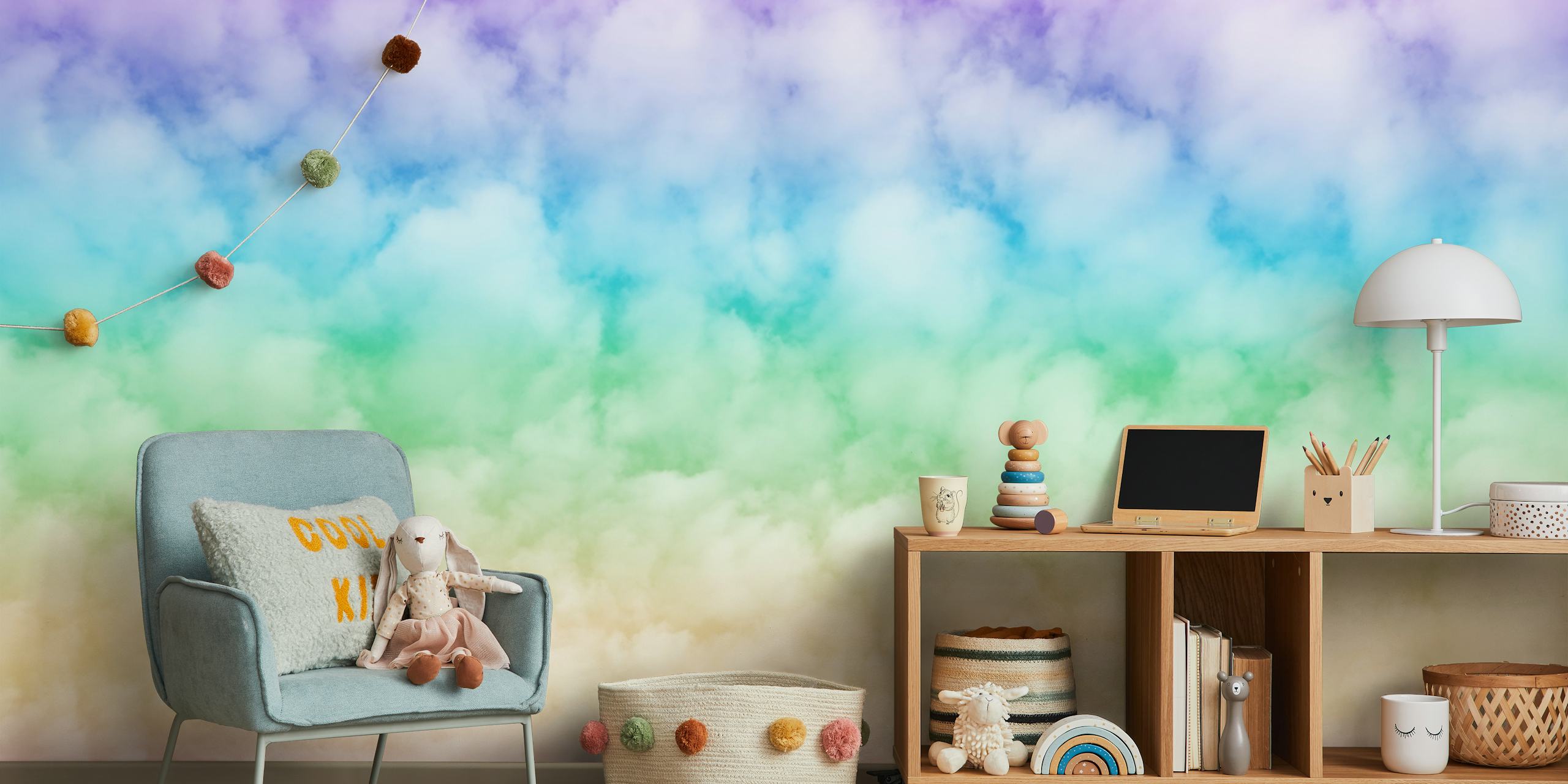 Papel pintado Unicorn Rainbow Clouds en una habitación
