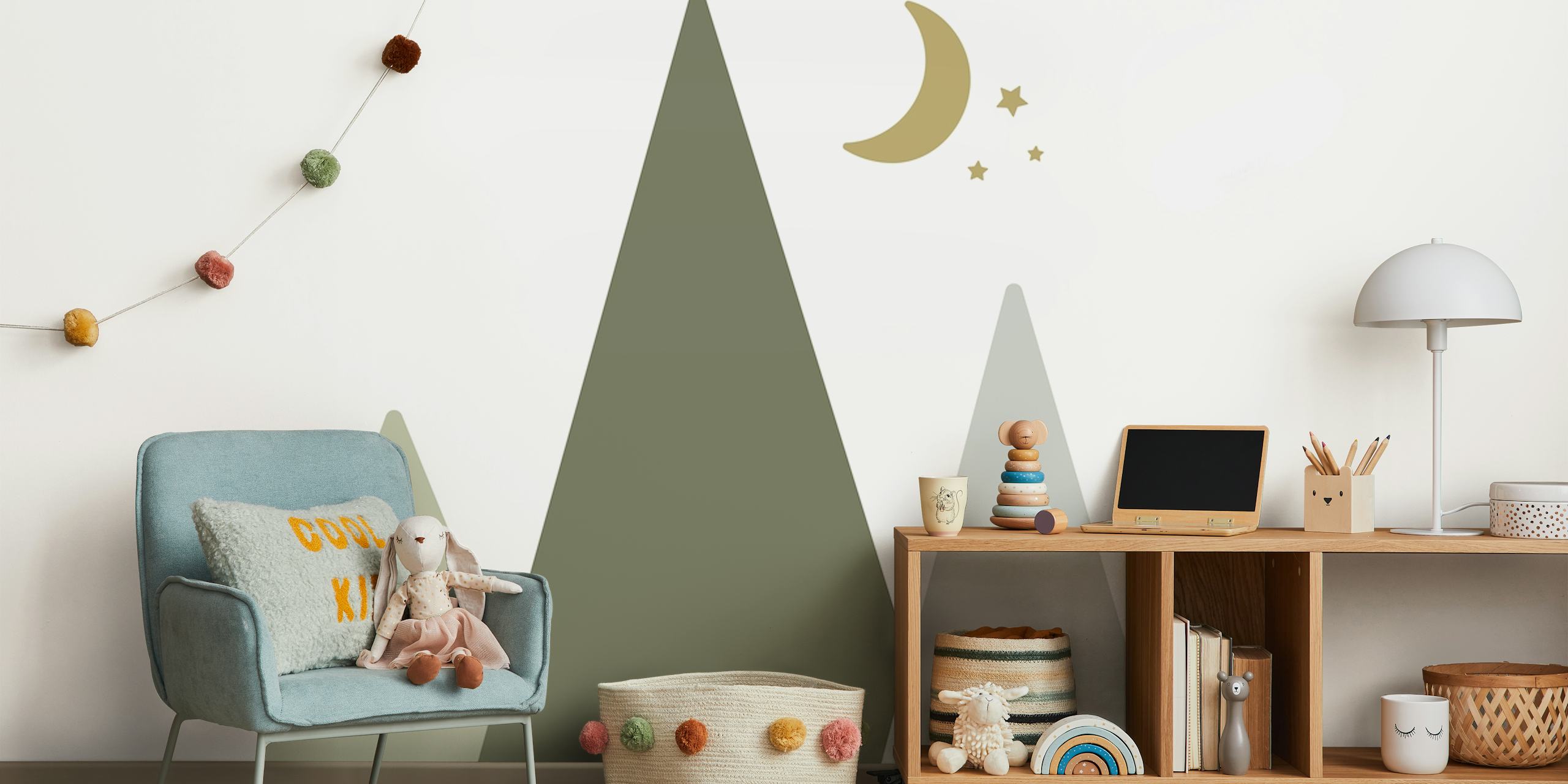 Mountain peaks in green and grey with moon and stars wallpaper