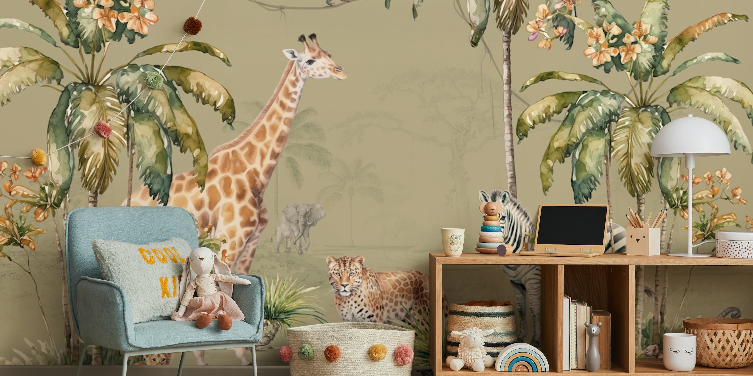 Whimsical wildlife wallpaper in a room