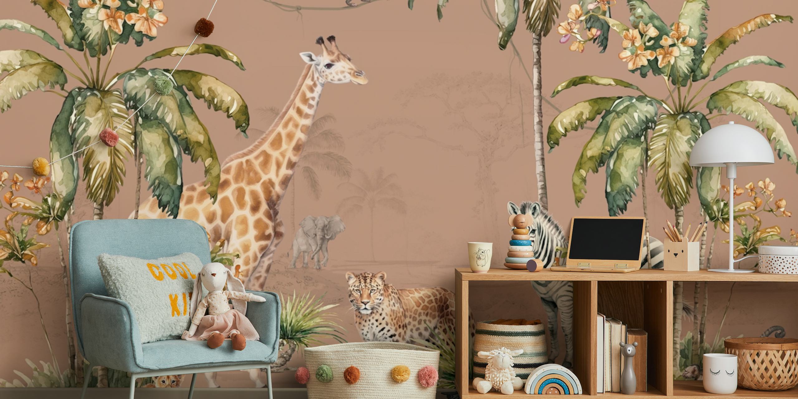 Papier peint mural Animaux de safari tropicaux sur fond terre cuite