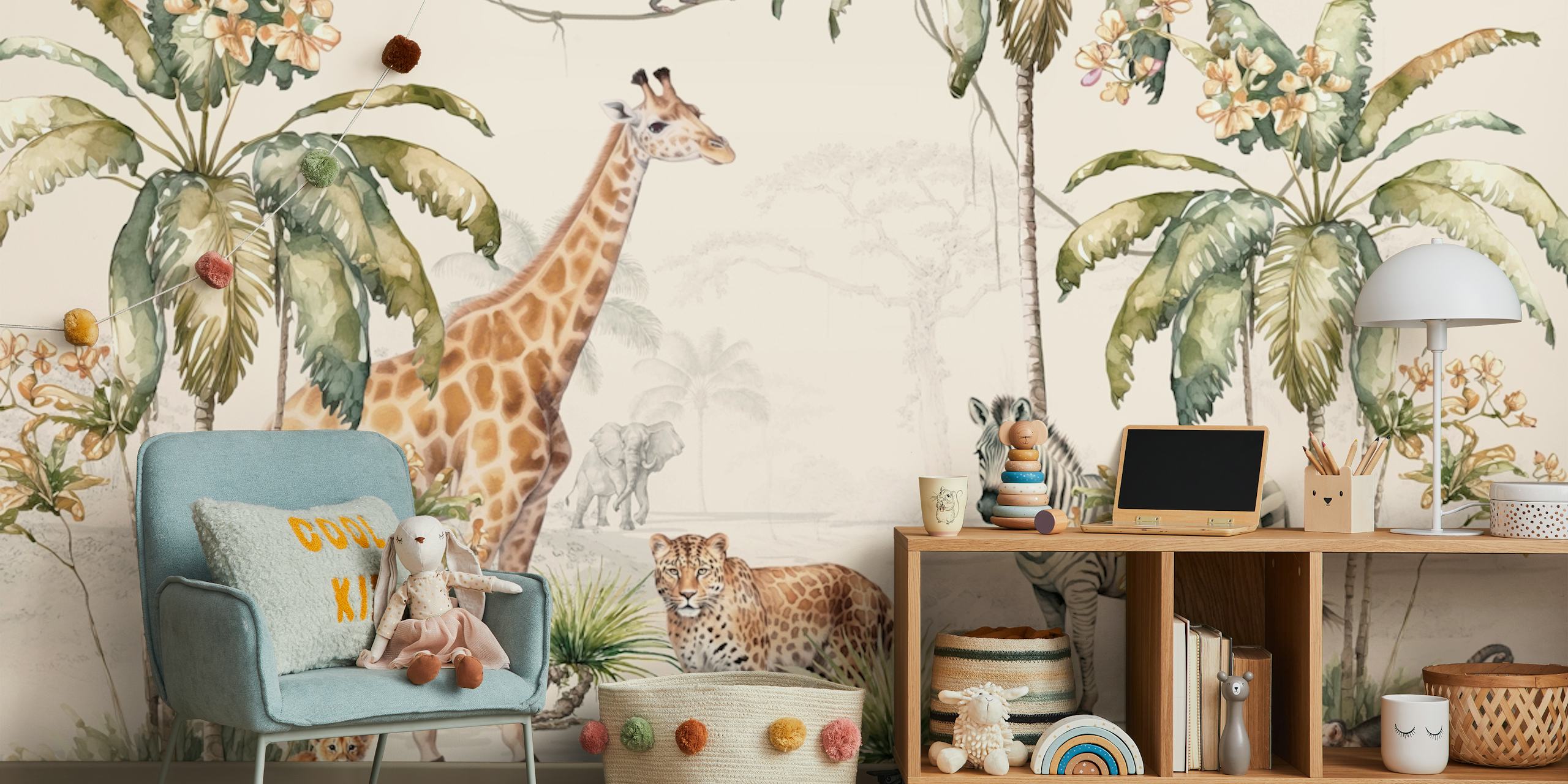 Giraffes, zebras, and other animals in lush greenery wallpaper
