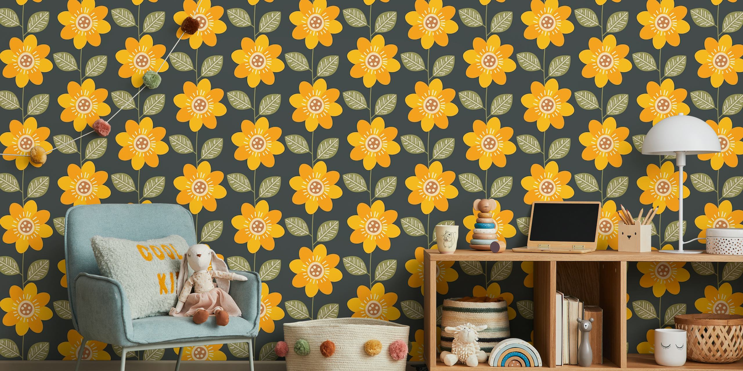 Sunflower pattern wallpaper in a room