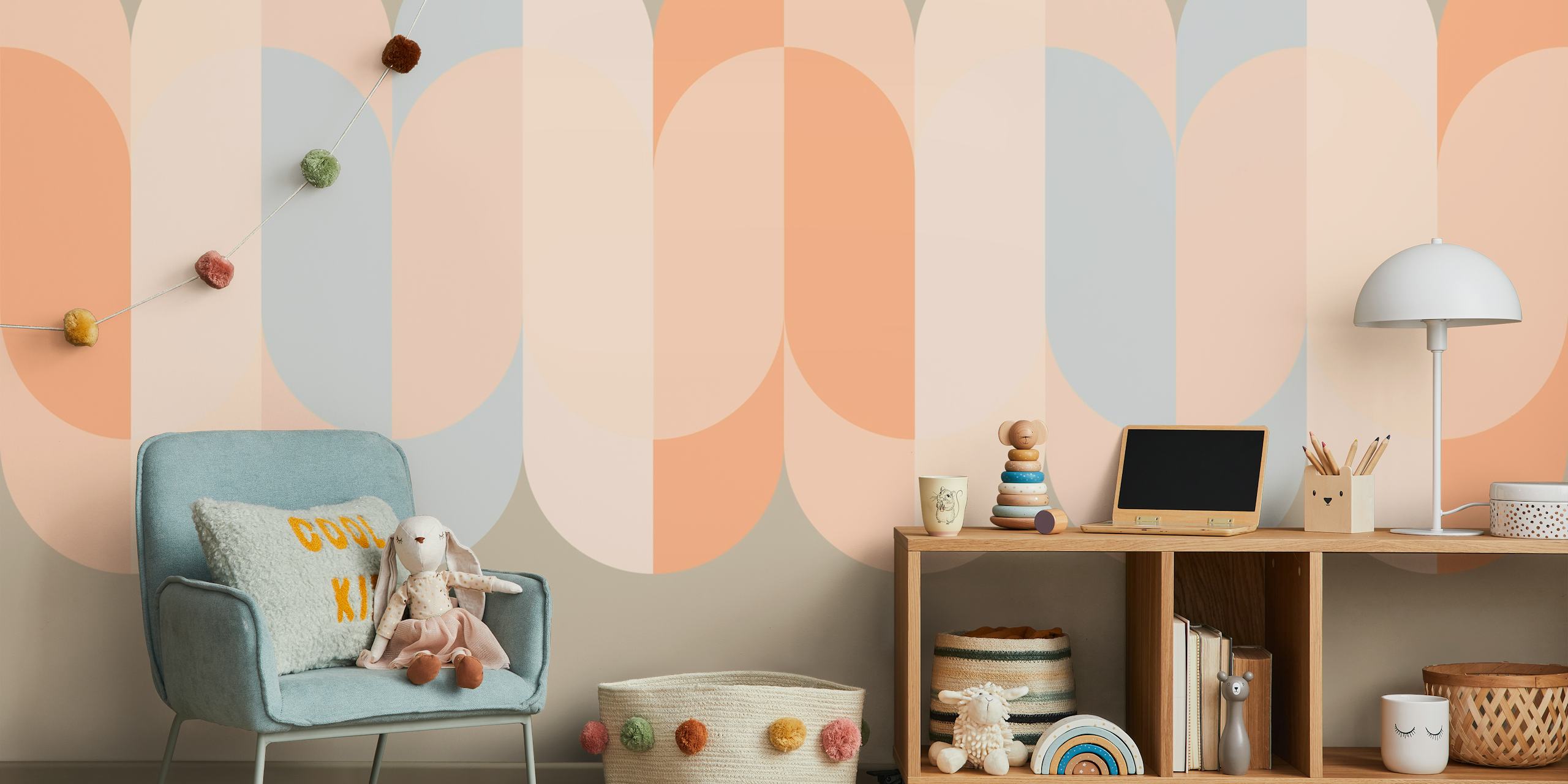 Curved geometric shapes in peach, blue, and beige wallpaper