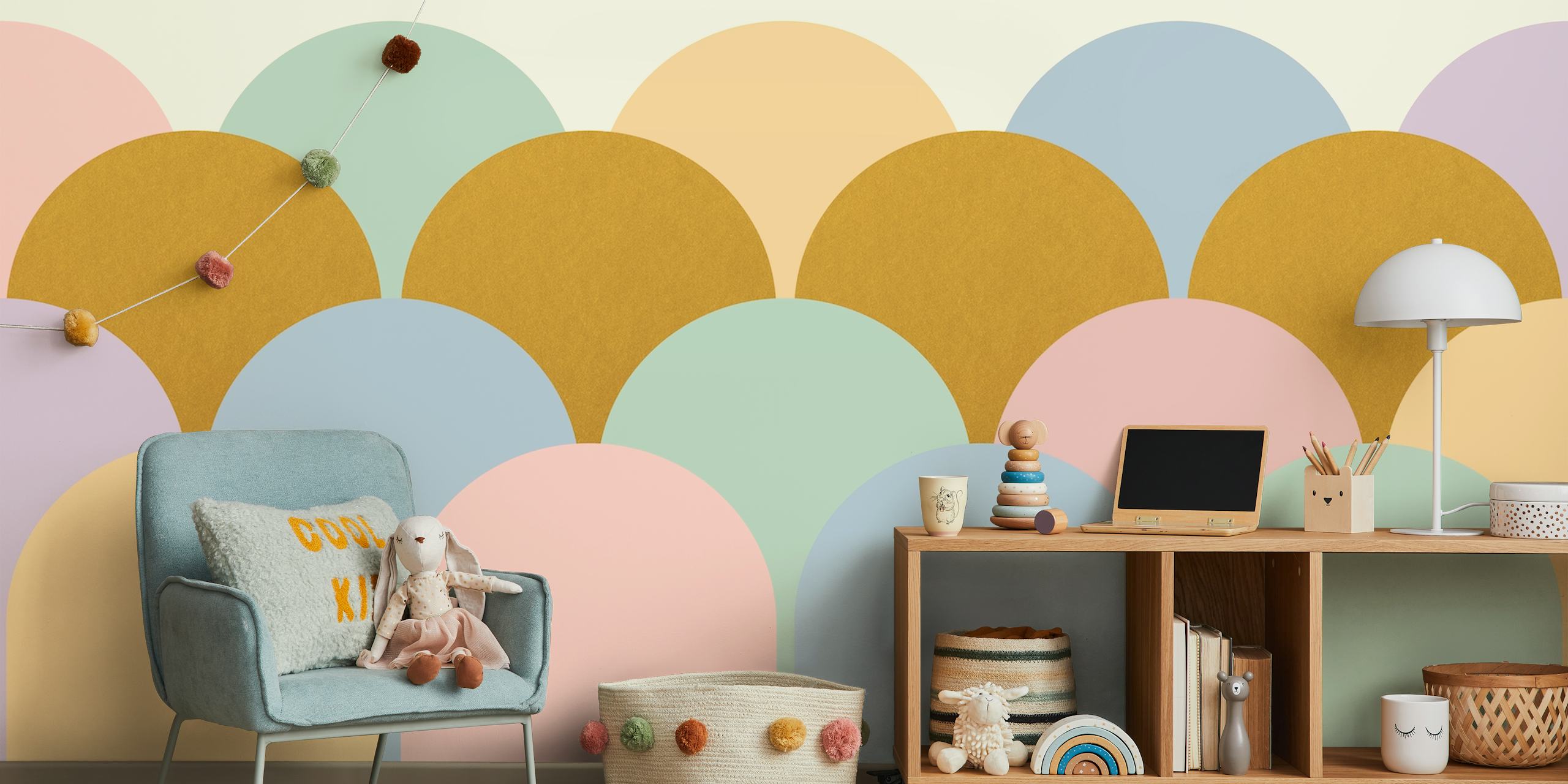 Bunte pastellfarbene Boho-Bögen in einem Wandgemälde