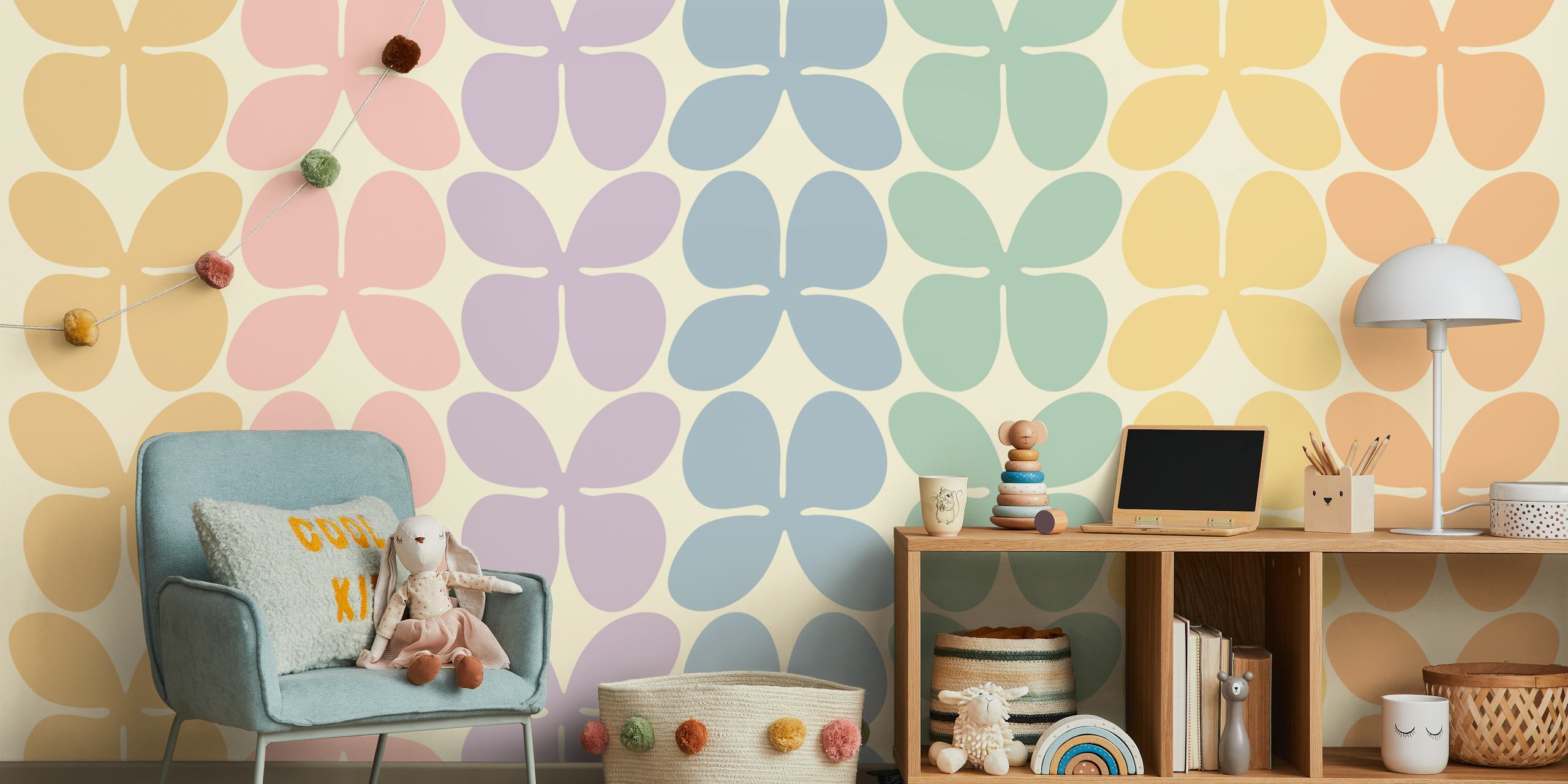 Ταπετσαρία Happy Rainbow Flowers Pastel σε ένα δωμάτιο