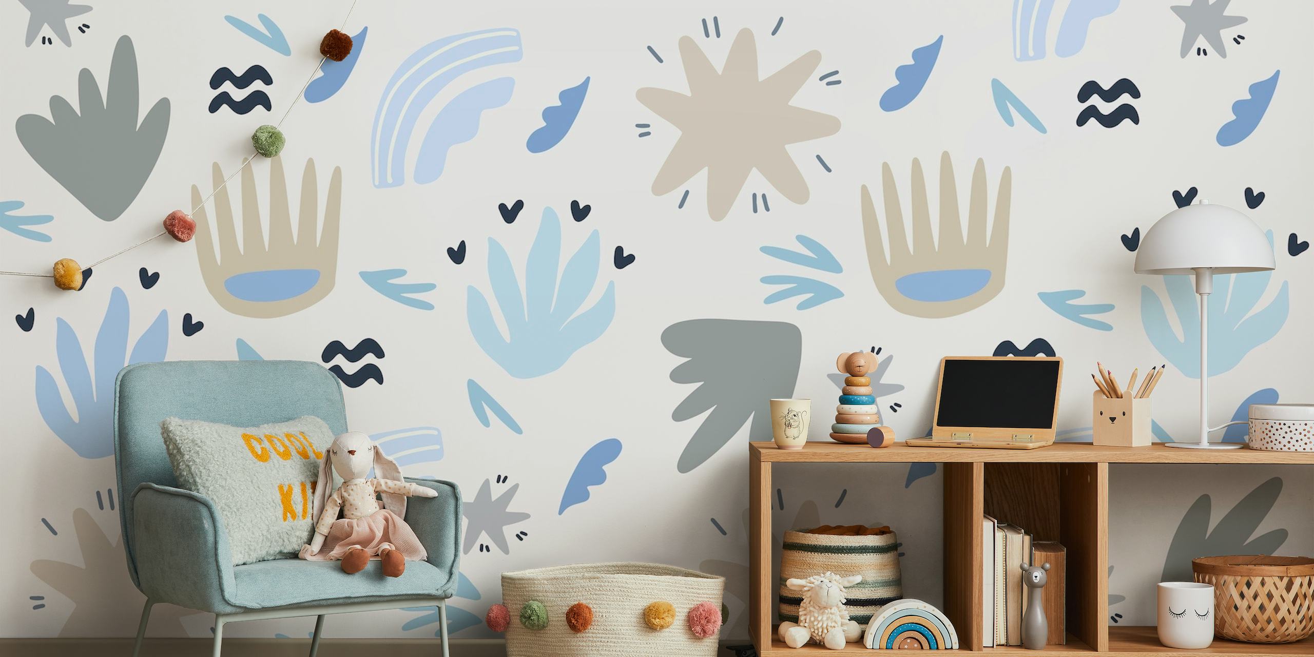 Abstract bloemen- en vormenpatroon in de kleuren blauw, grijs en wit voor kindermuurschildering