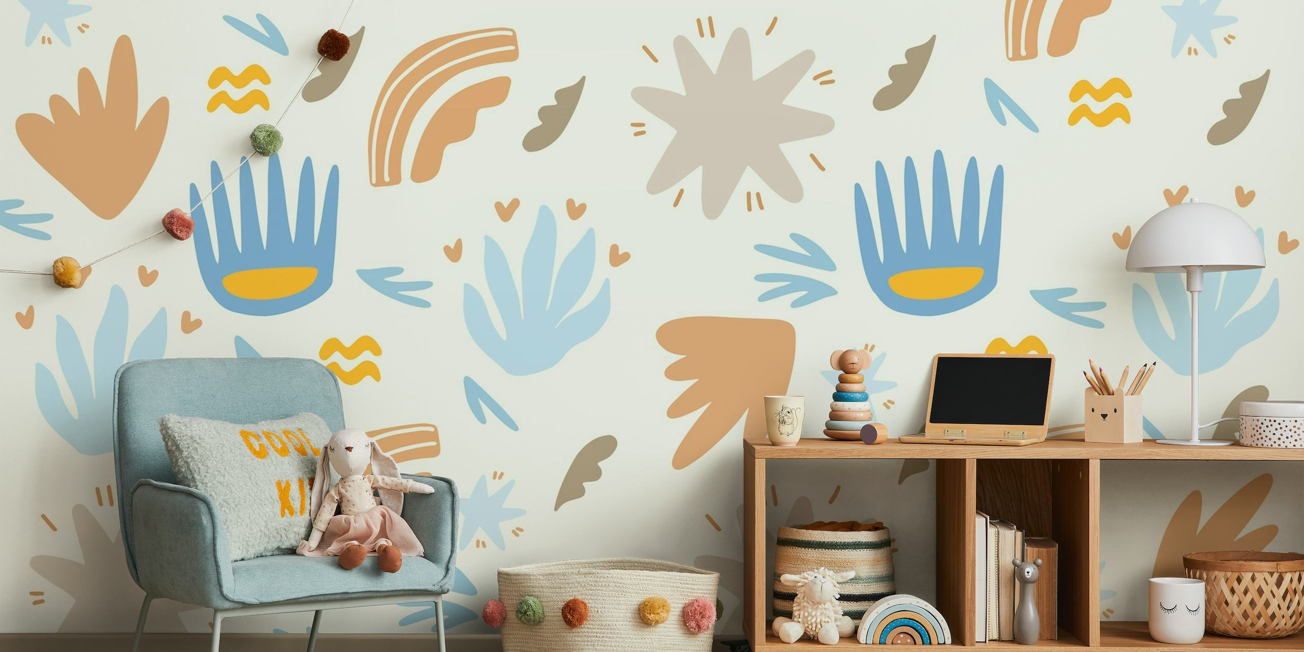 Children's summer-themed wall mural with abstract shapes and whimsical motifs in blue, ochre, and terra cotta