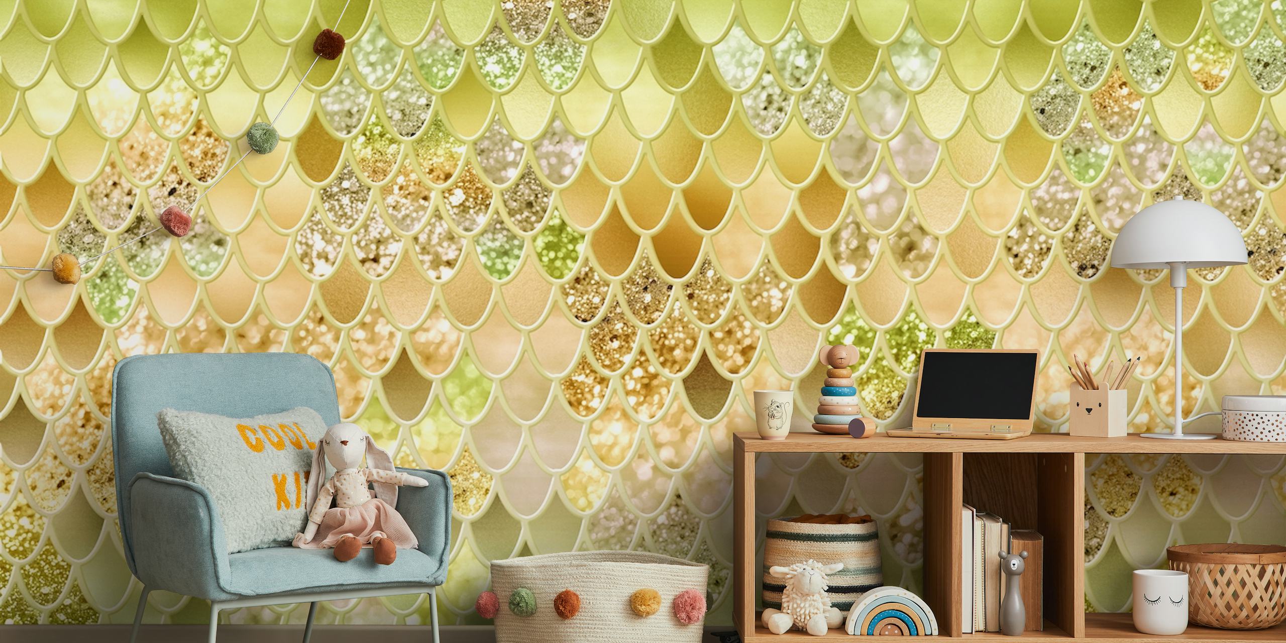 Summer Mermaid Glitter Scales wallpaper in a room