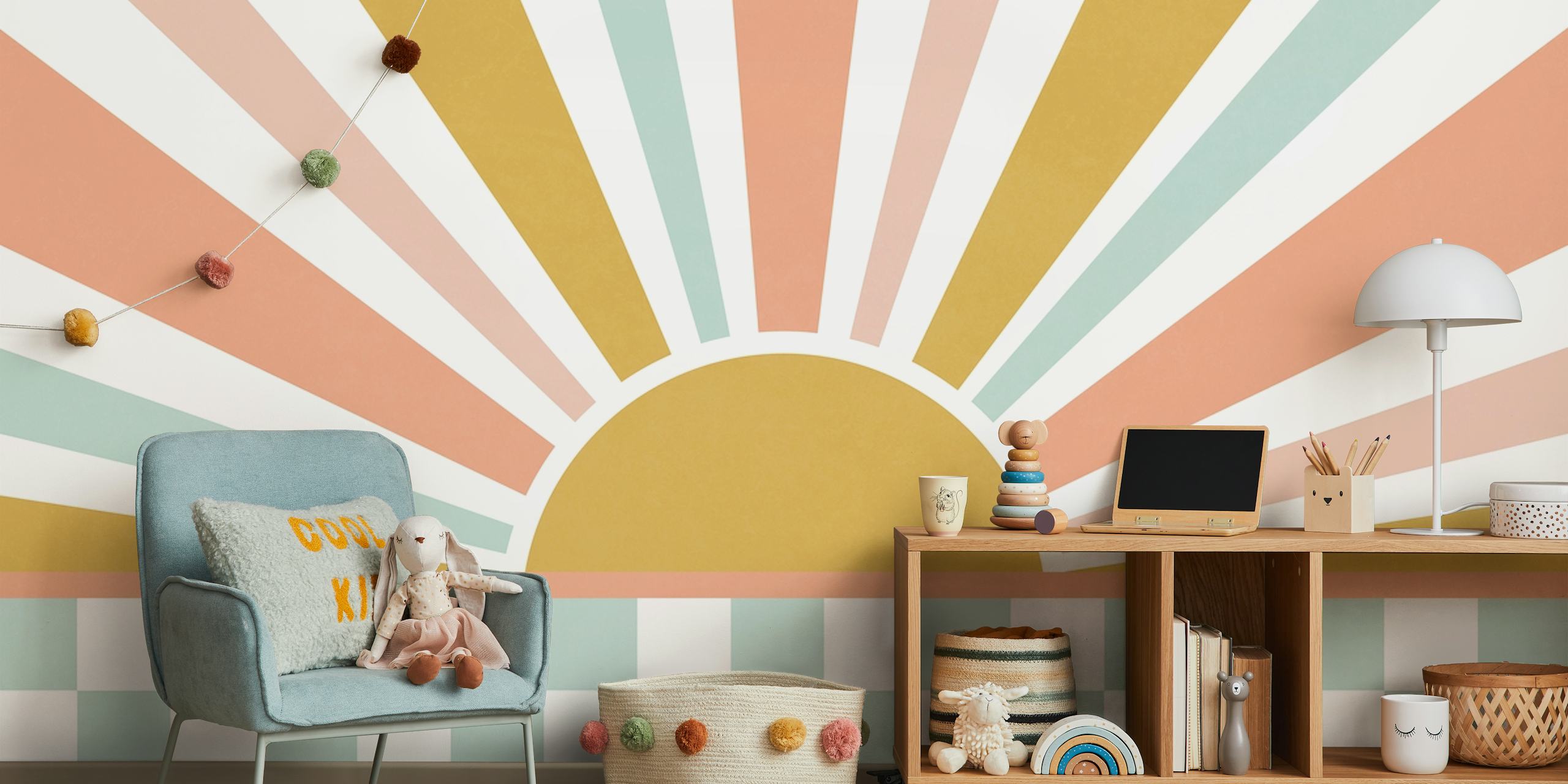 Pastel sun rays pattern with checkered base wallpaper