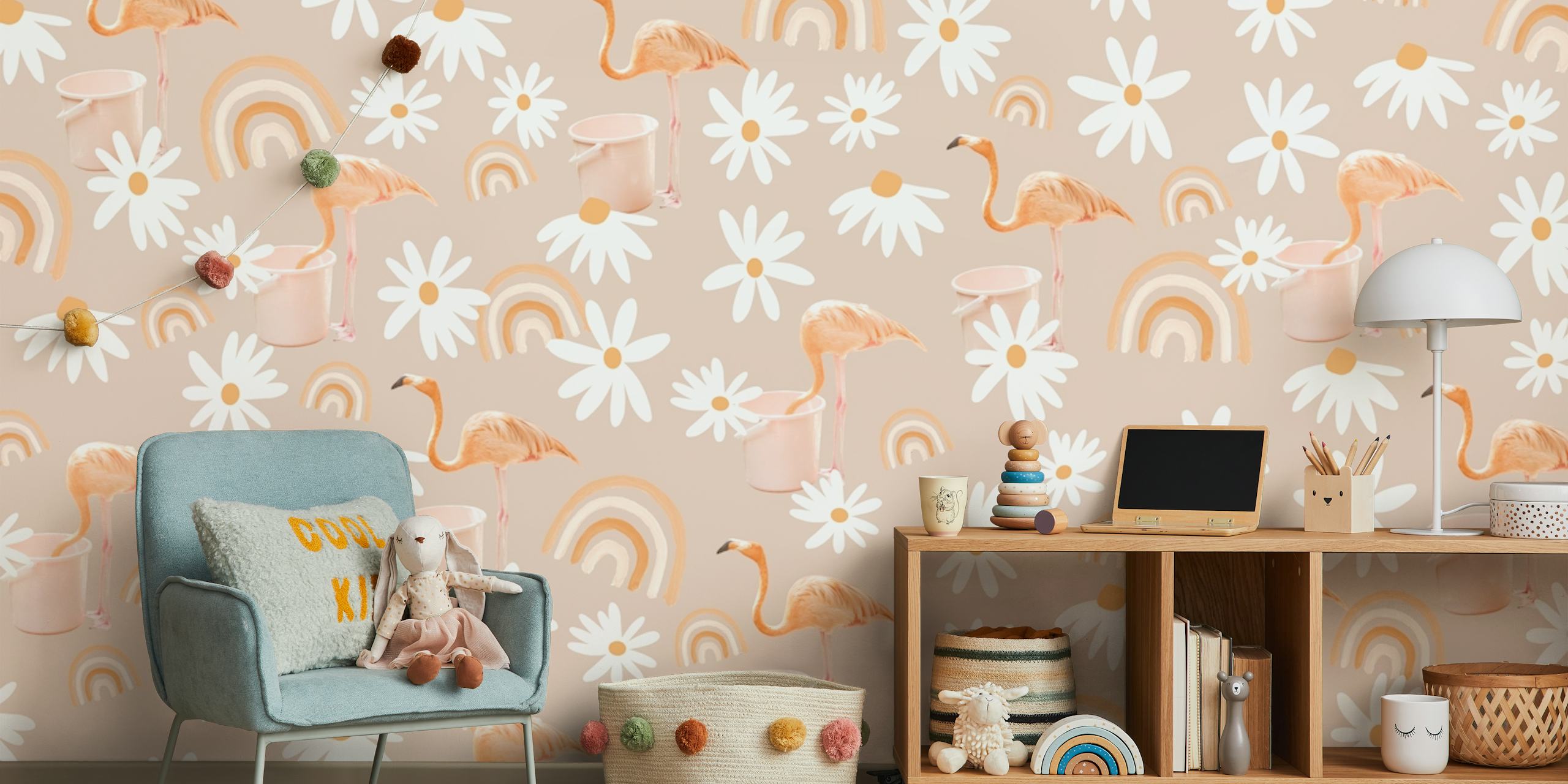 Flamingo Rainbow Daisy Dream wallpaper pattern