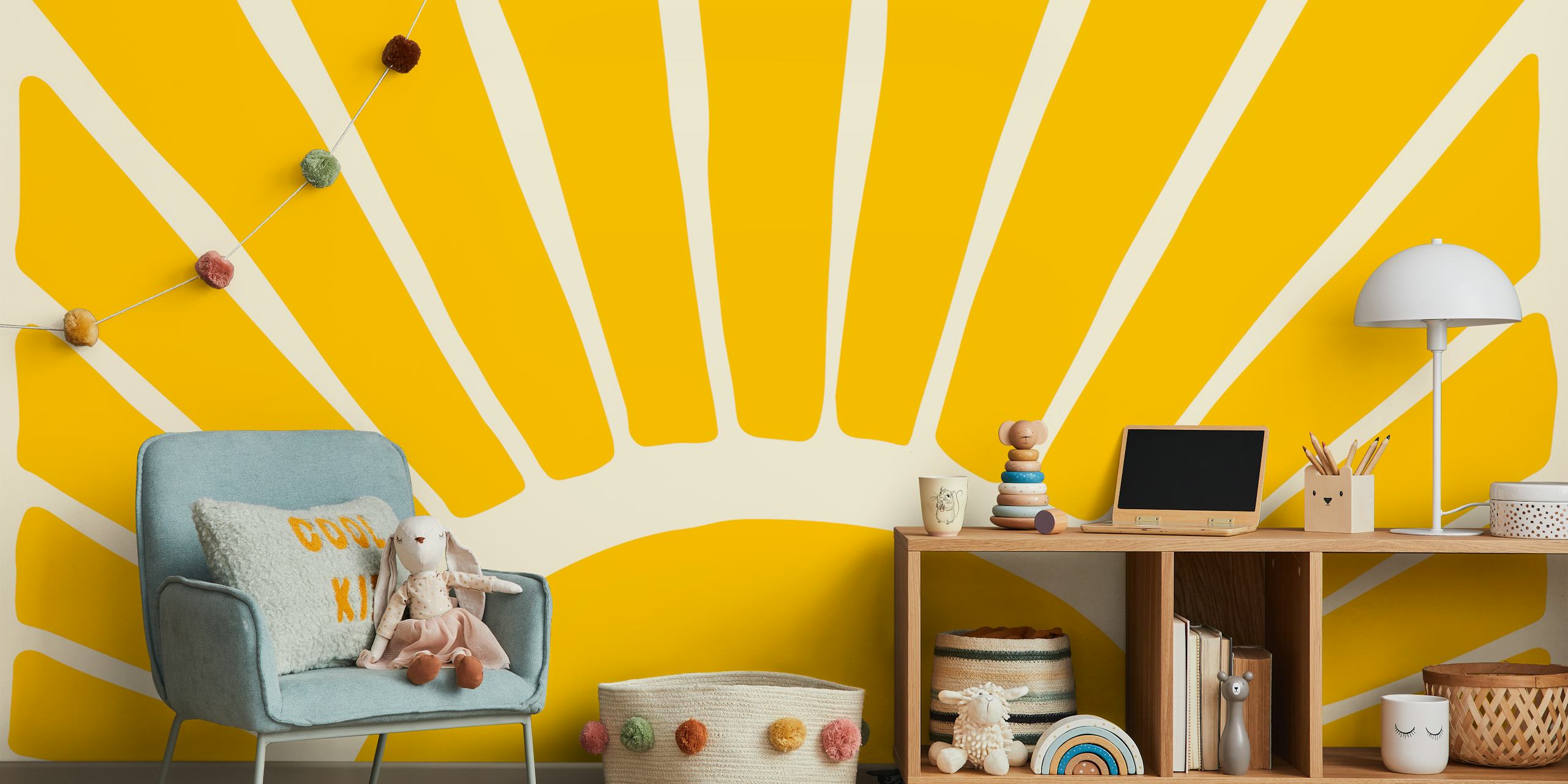 Yellow striped sunburst wallpaper in a room