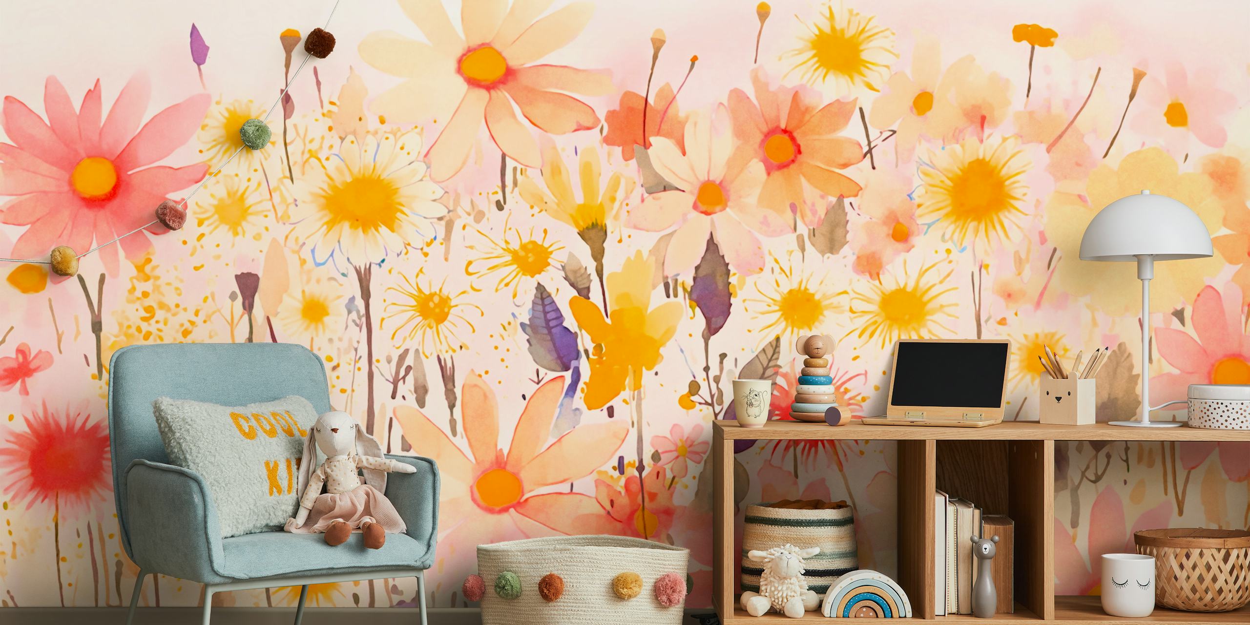 Whimsical wildflowers wallpaper in a room