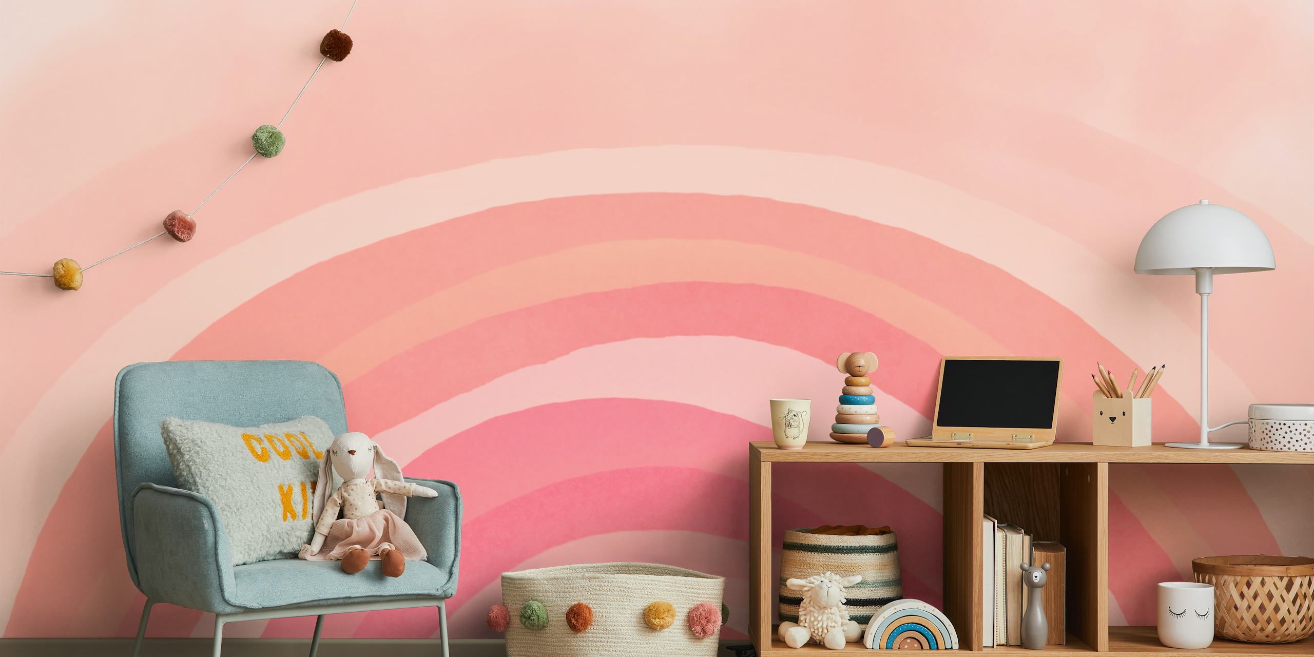 Whimsy boho pastel pink rainbow wallpaper in room