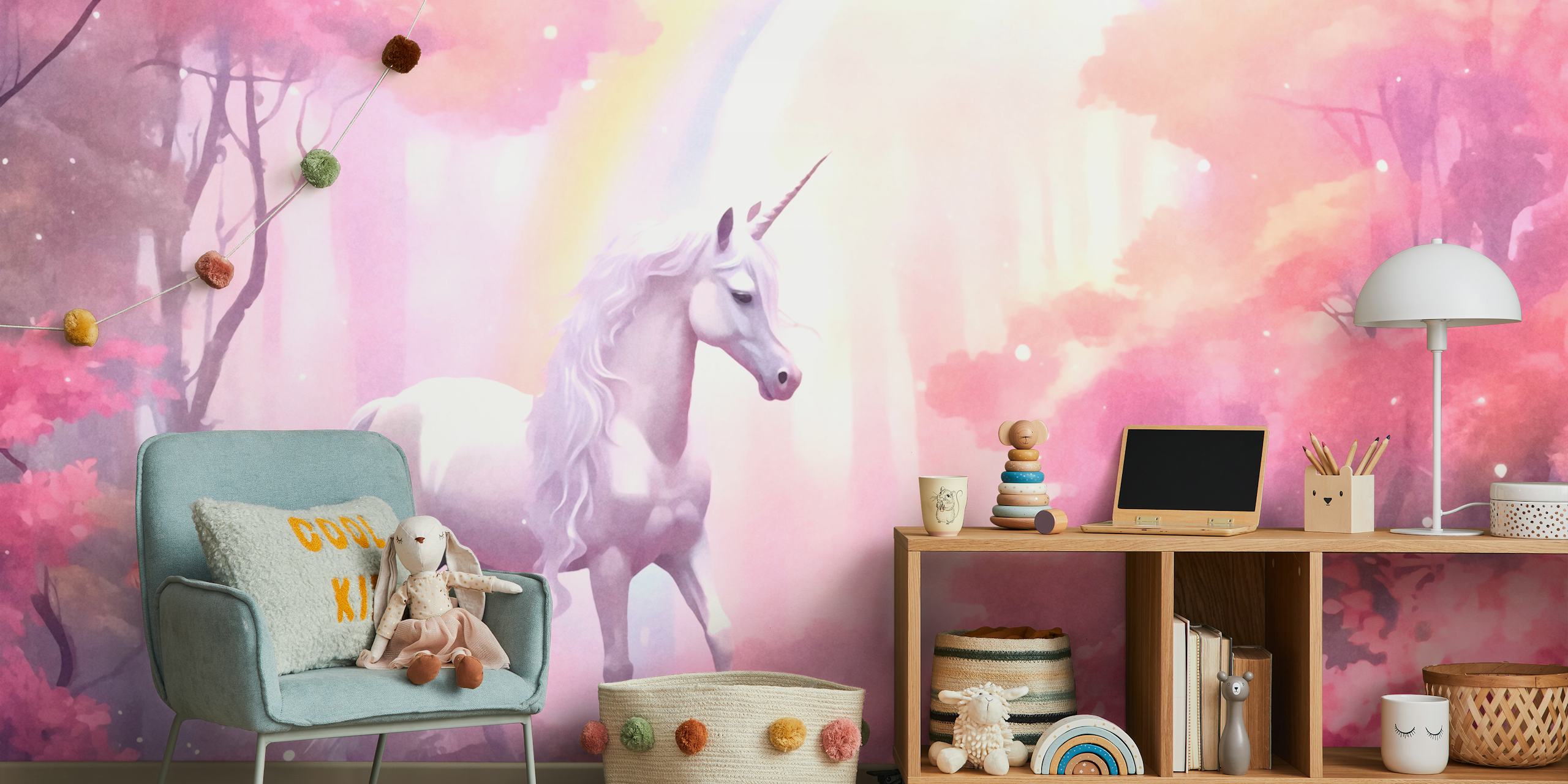 Unicorn in a rainbow forest with pink foliage wallpaper