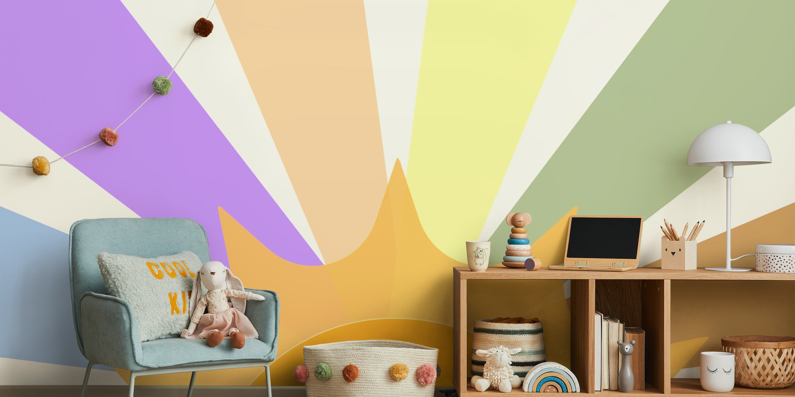 Colorful rays with sun in pastel shades modern wallpaper