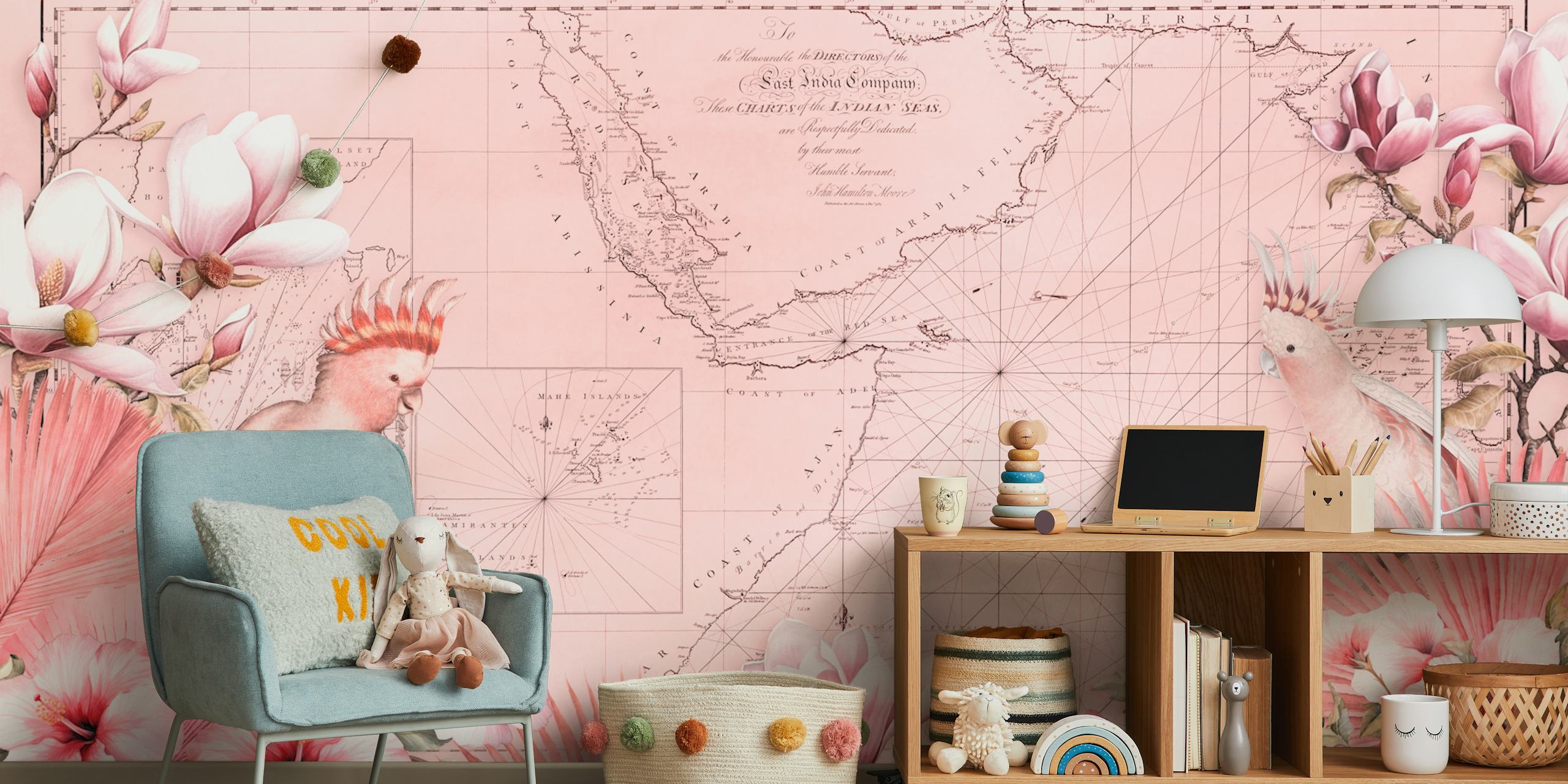 Cockatoos Tropical Journey Floral Map Pink wallpaper