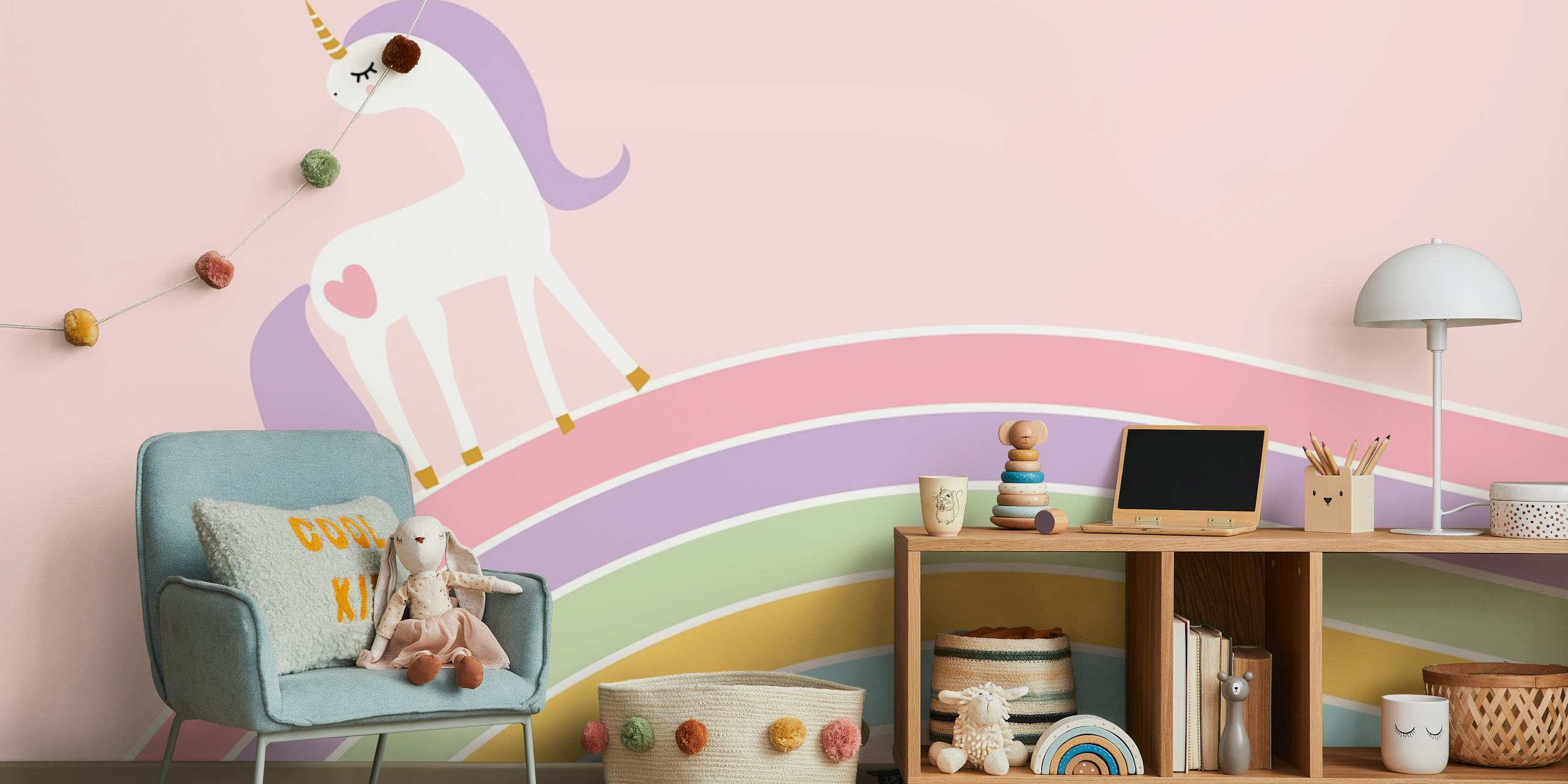 Ταπετσαρία Unicorn Pastel Rainbow σε δωμάτιο