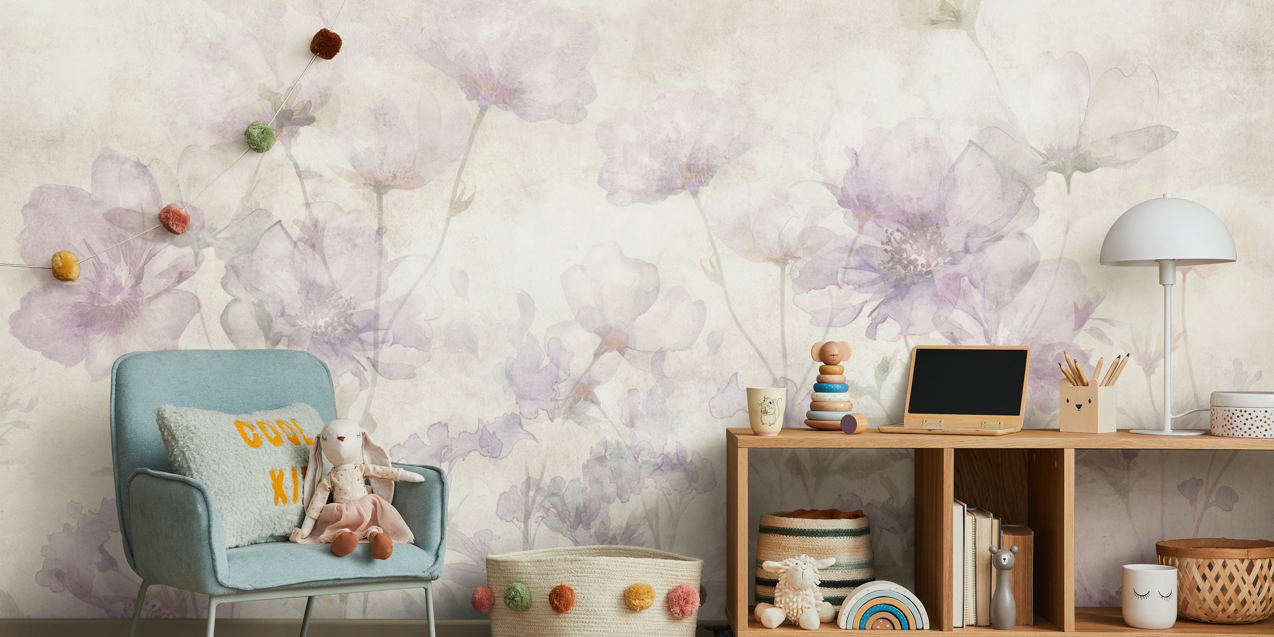 Soft purple floral patterns on a light background wallpaper