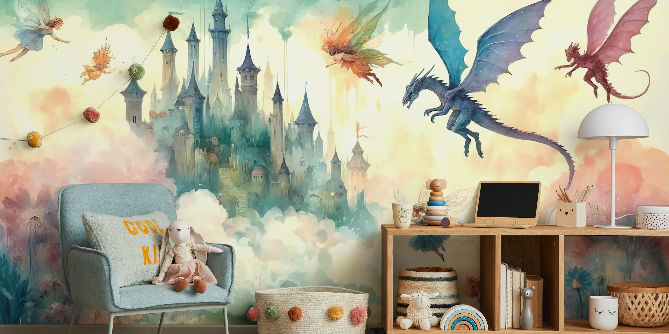 Colorful castle with fairies and dragons, blue and pastel mural wallpaper