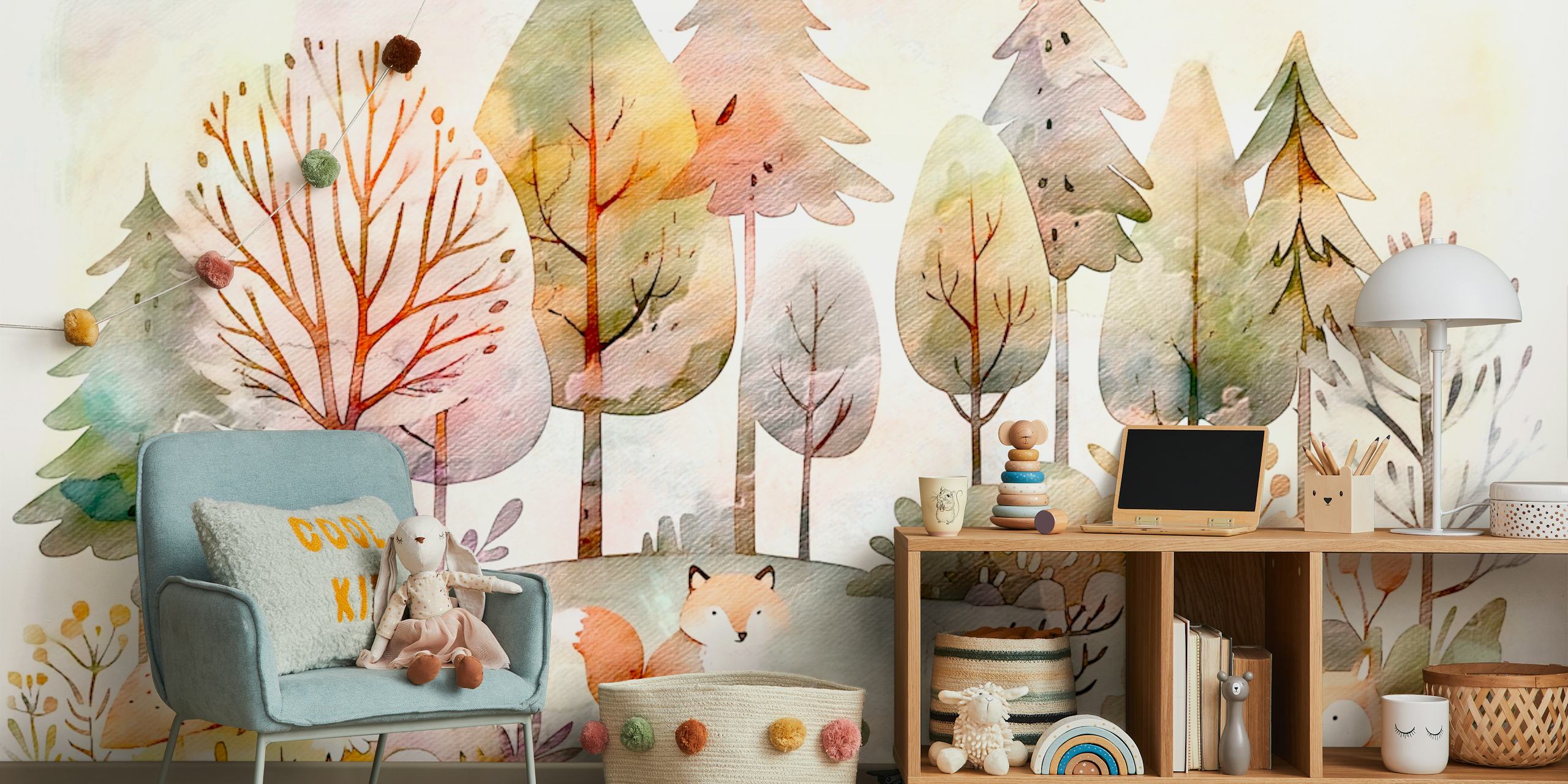 Watercolor woodland scene featuring animals and trees wallpaper