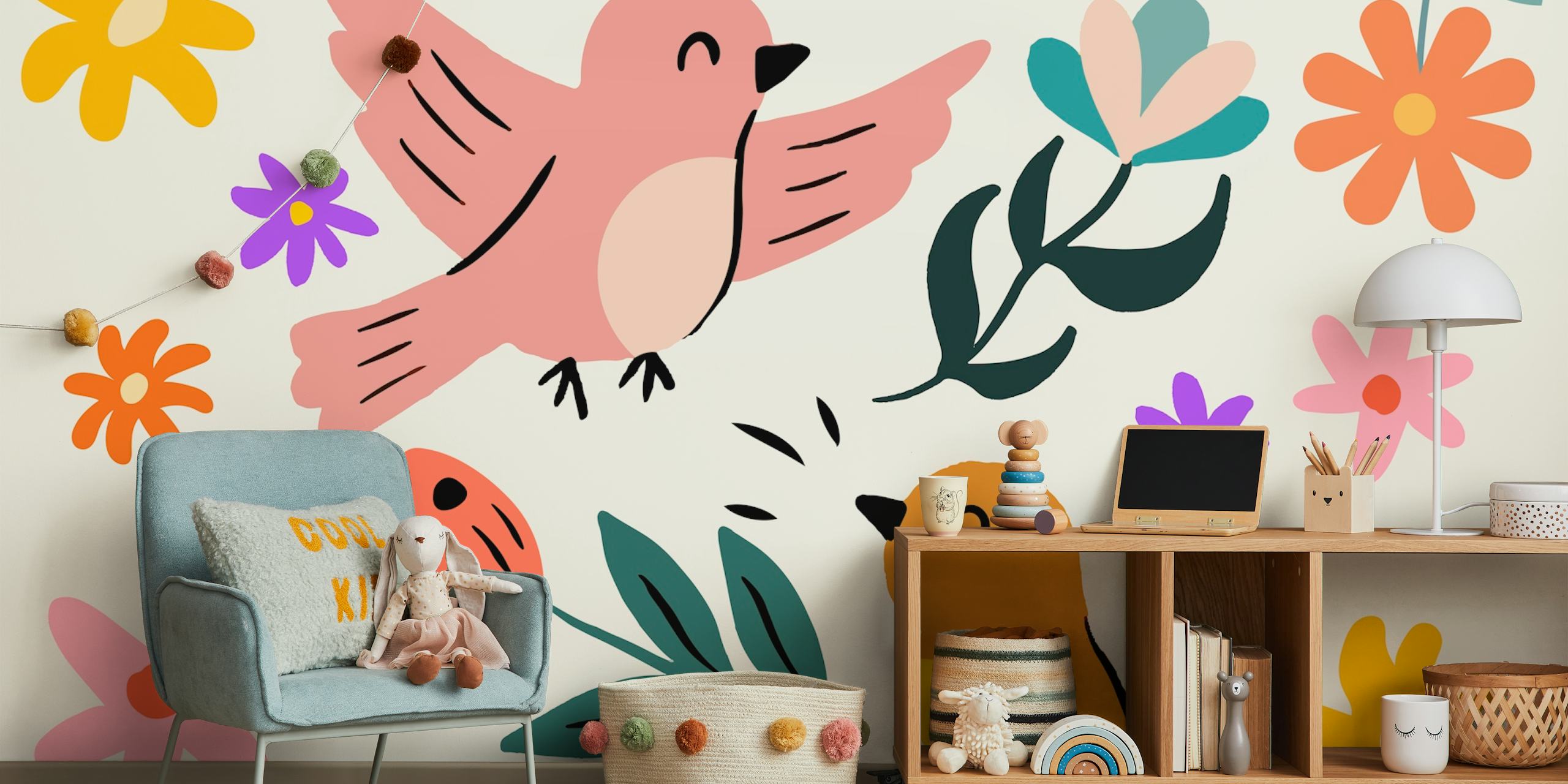 Pink and brown birds with colorful flowers on light background wallpaper