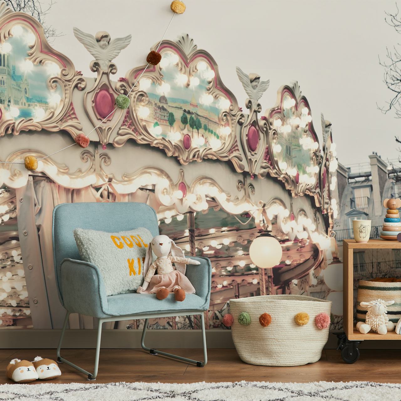 Vintage carousel wall mural with ornate detailing and soft glowing lights