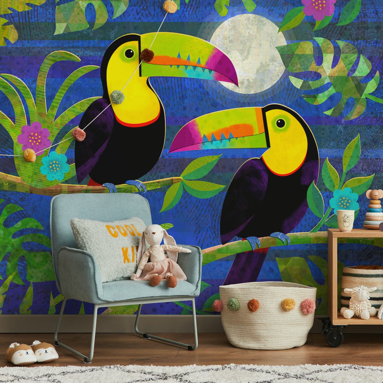 Toucans in the moonlight jungle mural