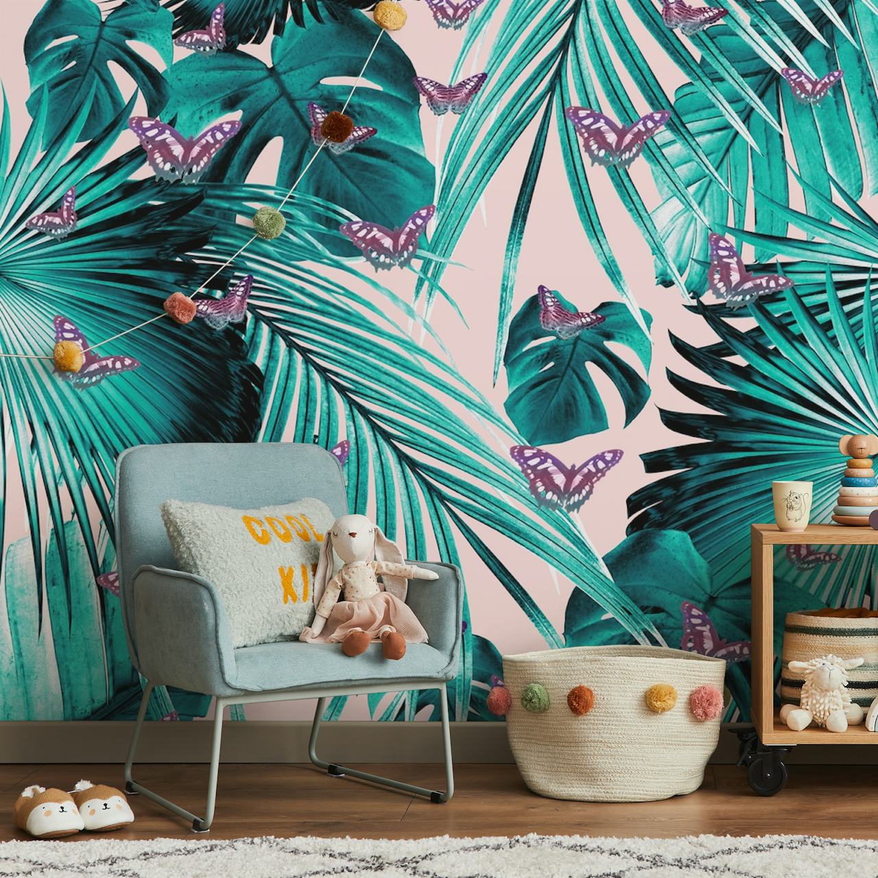 Tropical palm leaves and purple butterflies on pink background wallpaper