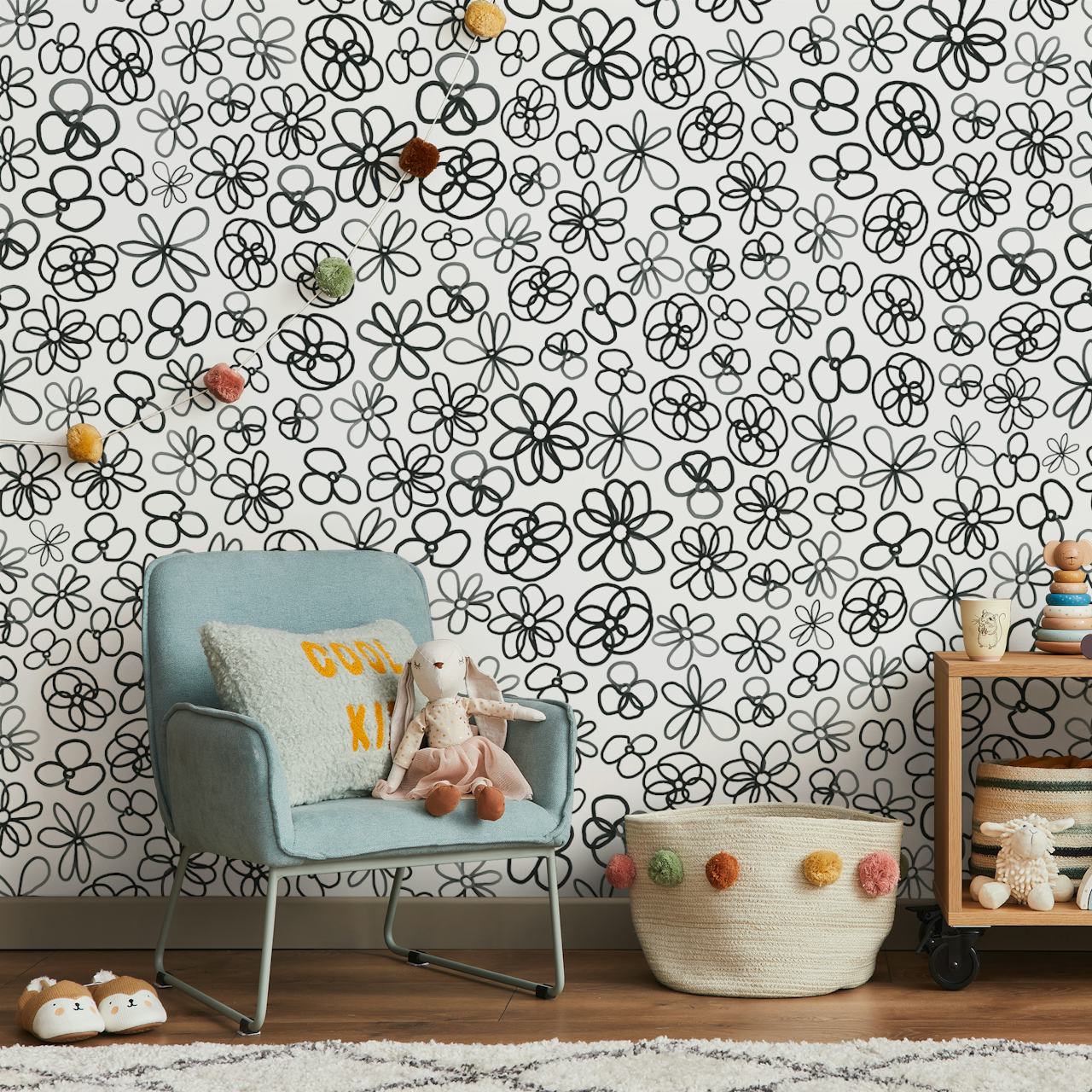 Papel de parede Doodle Daisies em um quarto