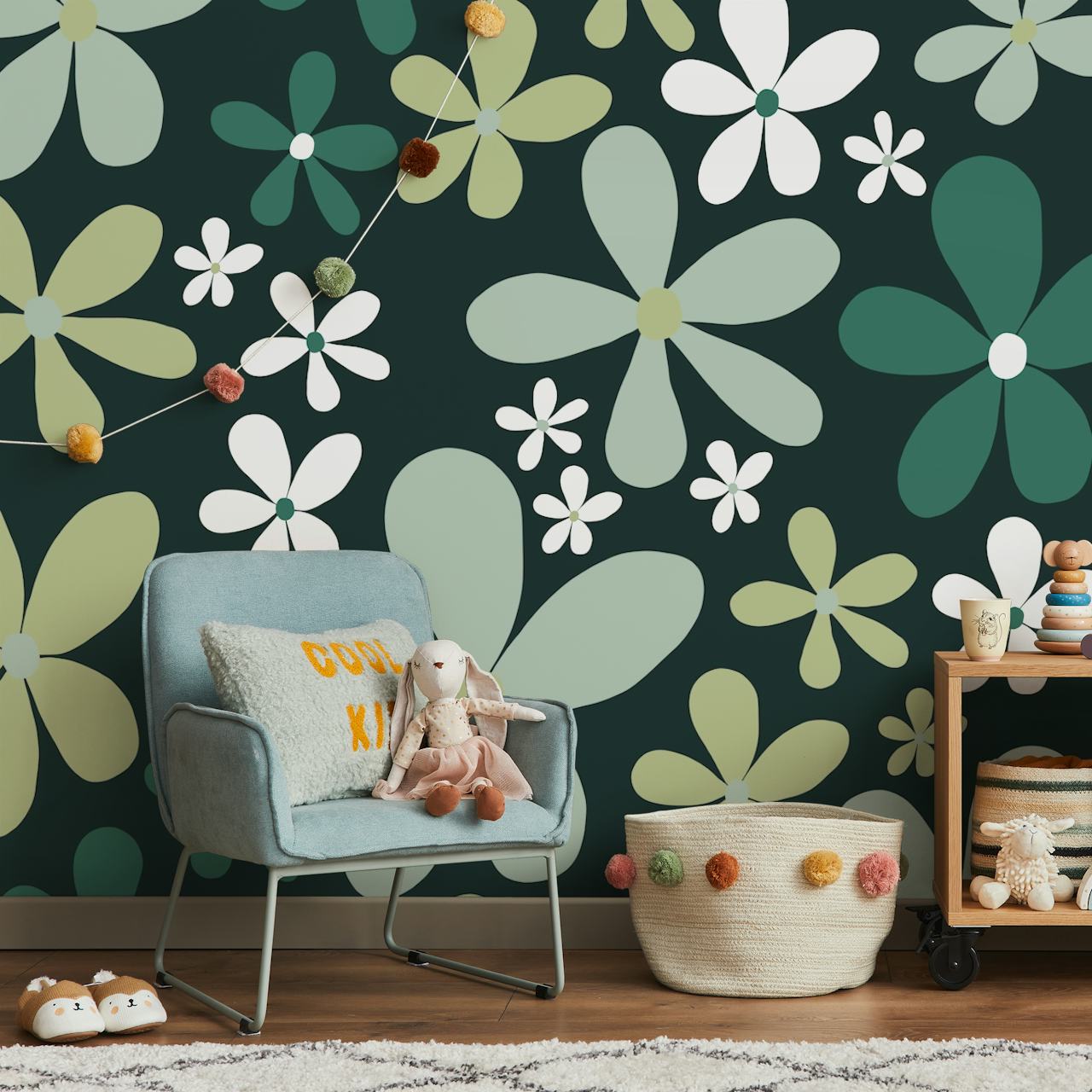 Retro Spring Daisies tapetdesign i et rom