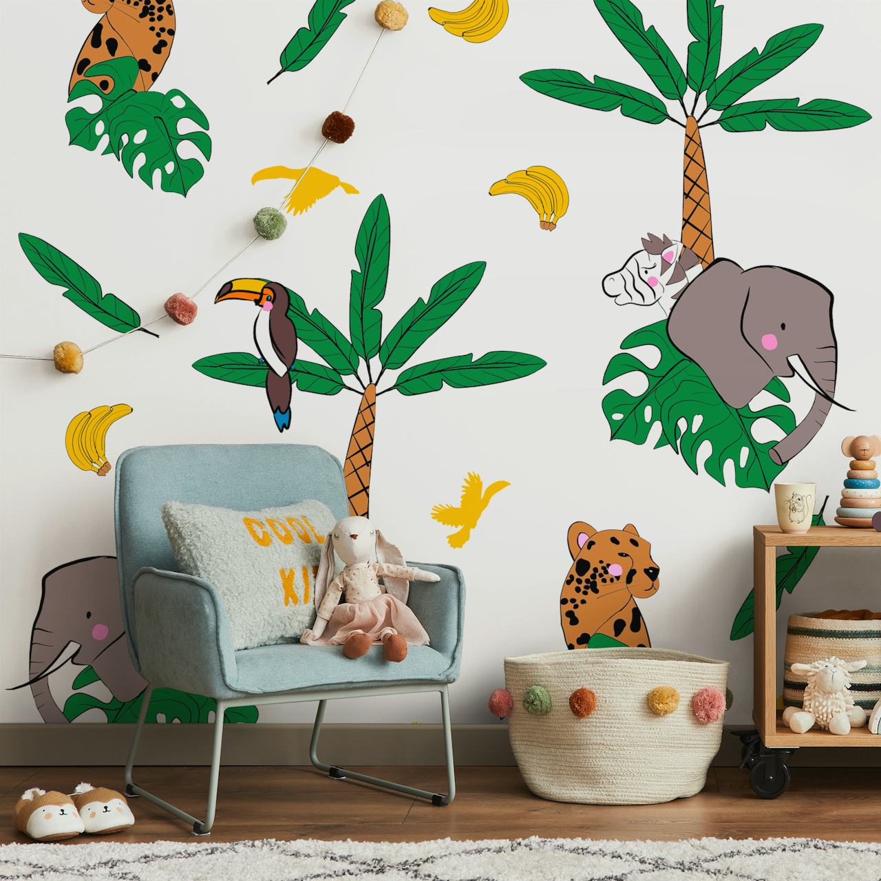 Tropical animal print wallpaper with elephants, toucans, and leaves