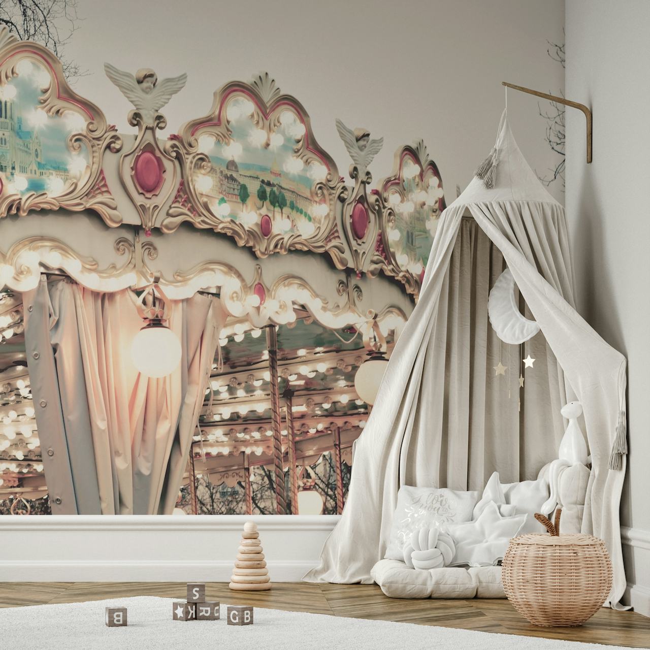Vintage carousel wall mural with ornate detailing and soft glowing lights