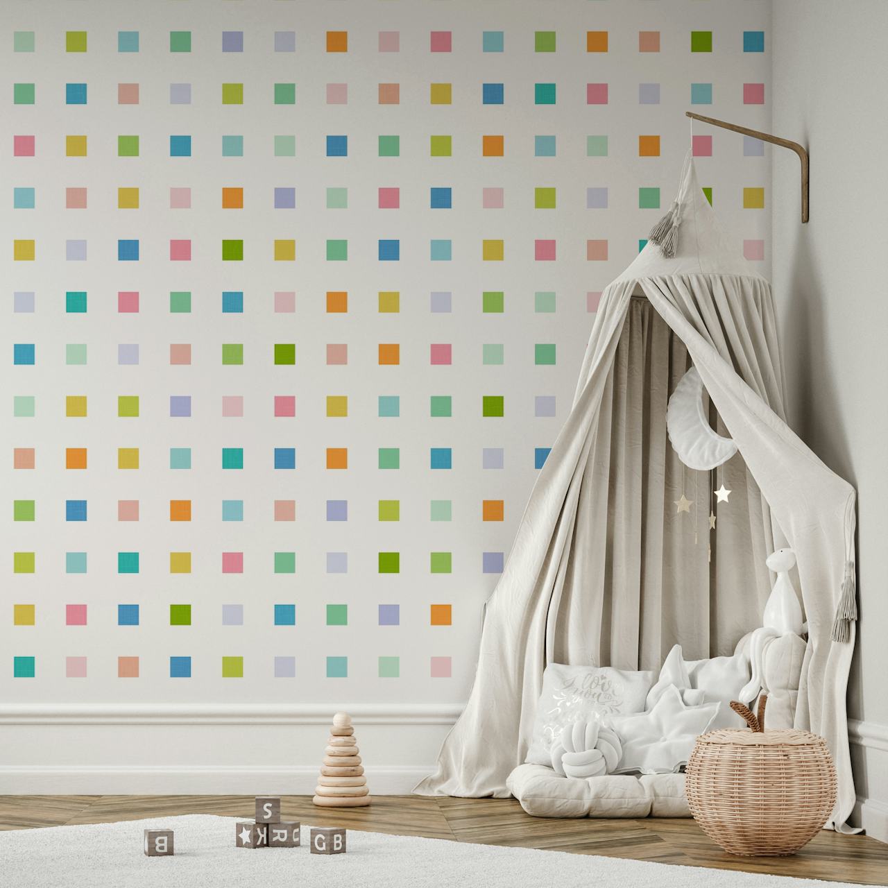 Pastel geometry ditsy checks wallpaper in a room