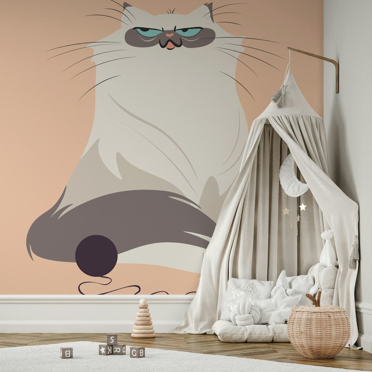 Cartoon-style cat with fluffy fur and playful demeanor on peach wallpaper