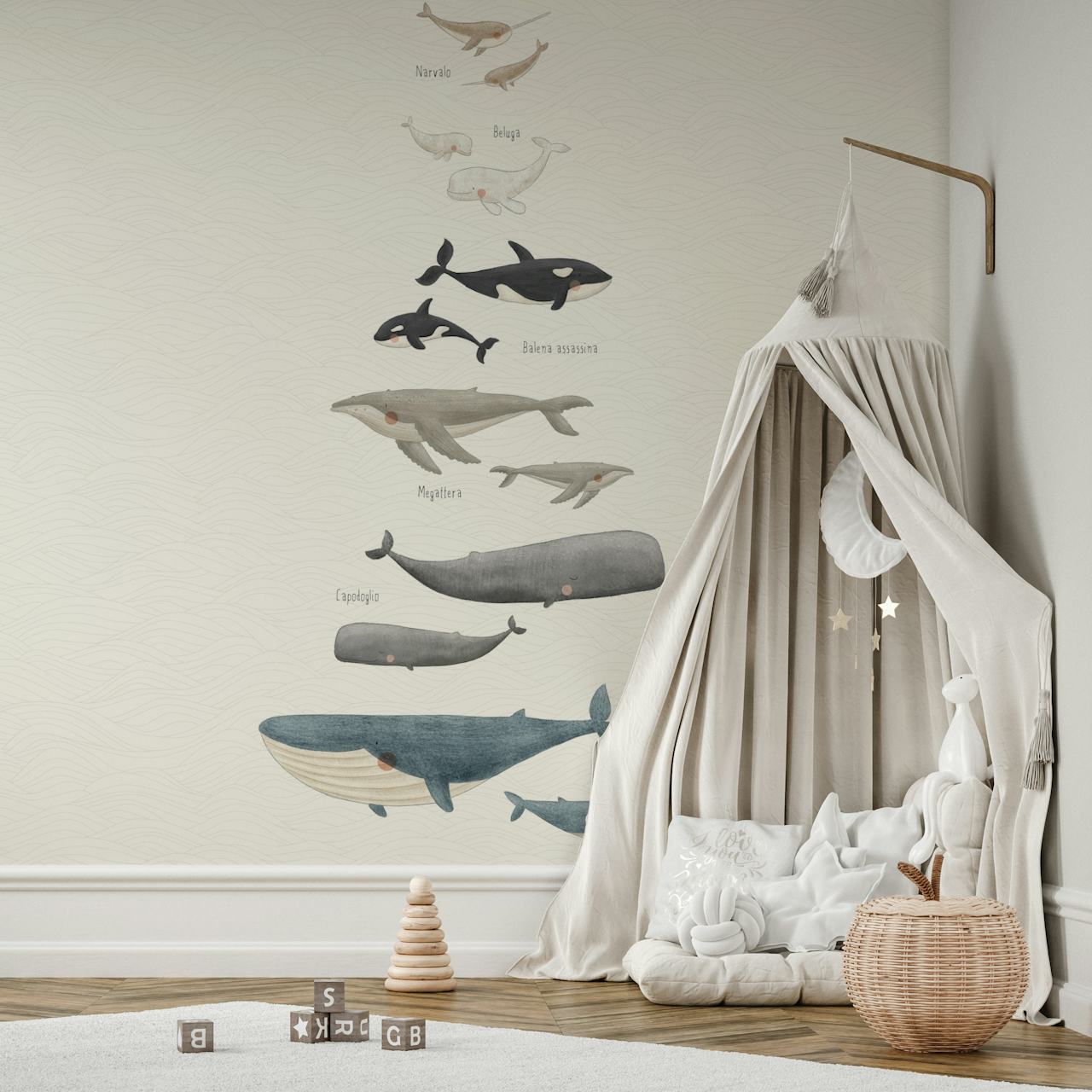 Whale and dolphin illustrations on a textured background wallpaper