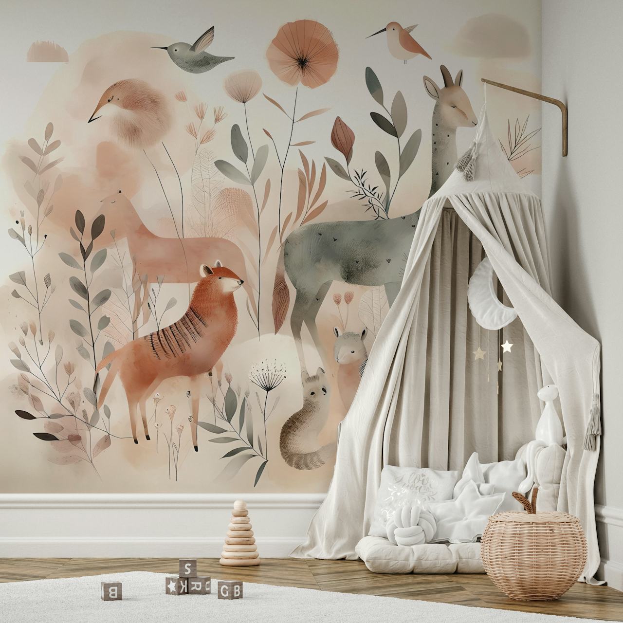 Gentle woodland animal wallpaper featuring deer, tiger, and plants in soft colors