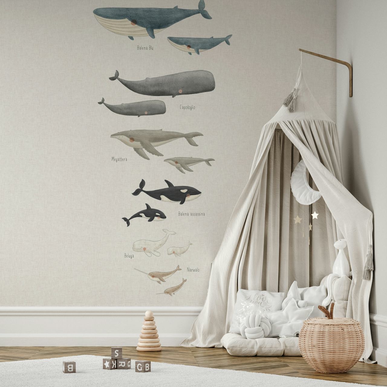 Whale species Italian behang in een kamer