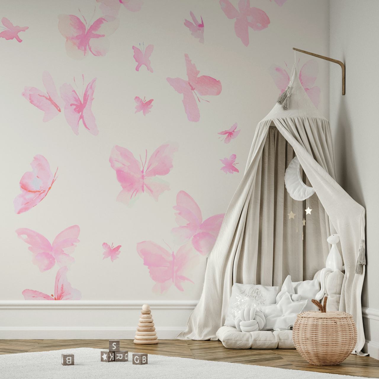Pink pastel watercolor butterflies wallpaper