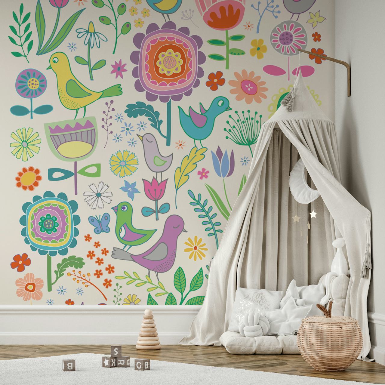 Colorful birds and flowers on cream background wallpaper