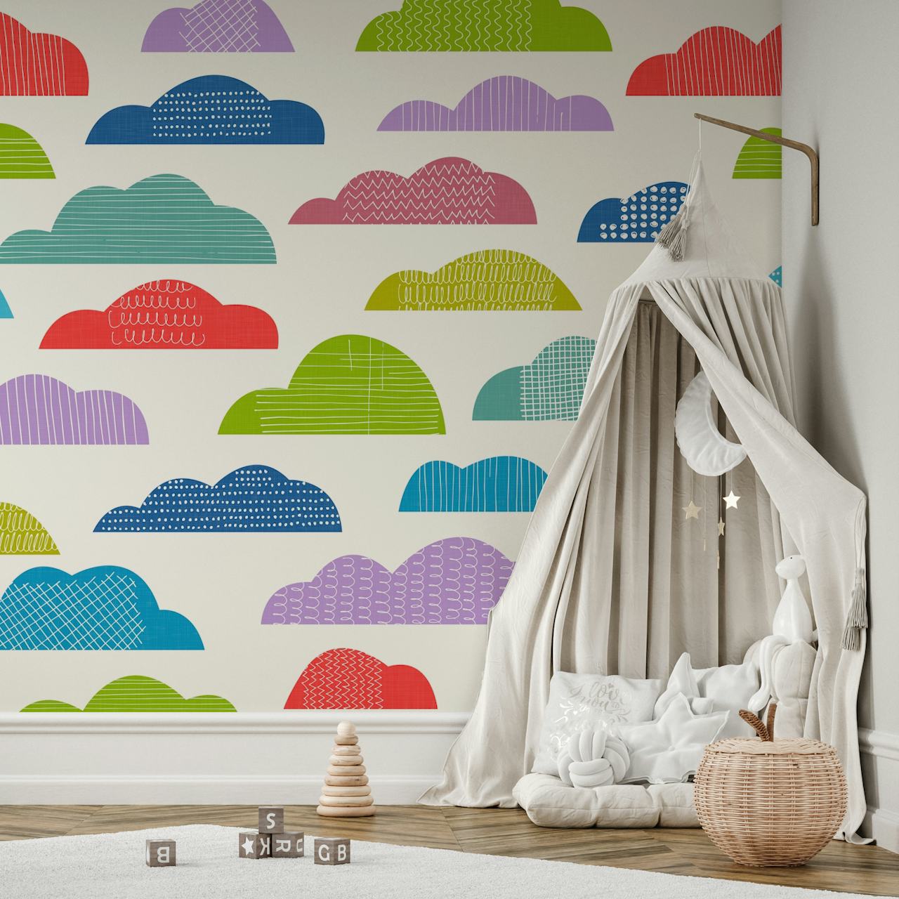 Colorful clouds in various shapes and patterns on off-white wallpaper