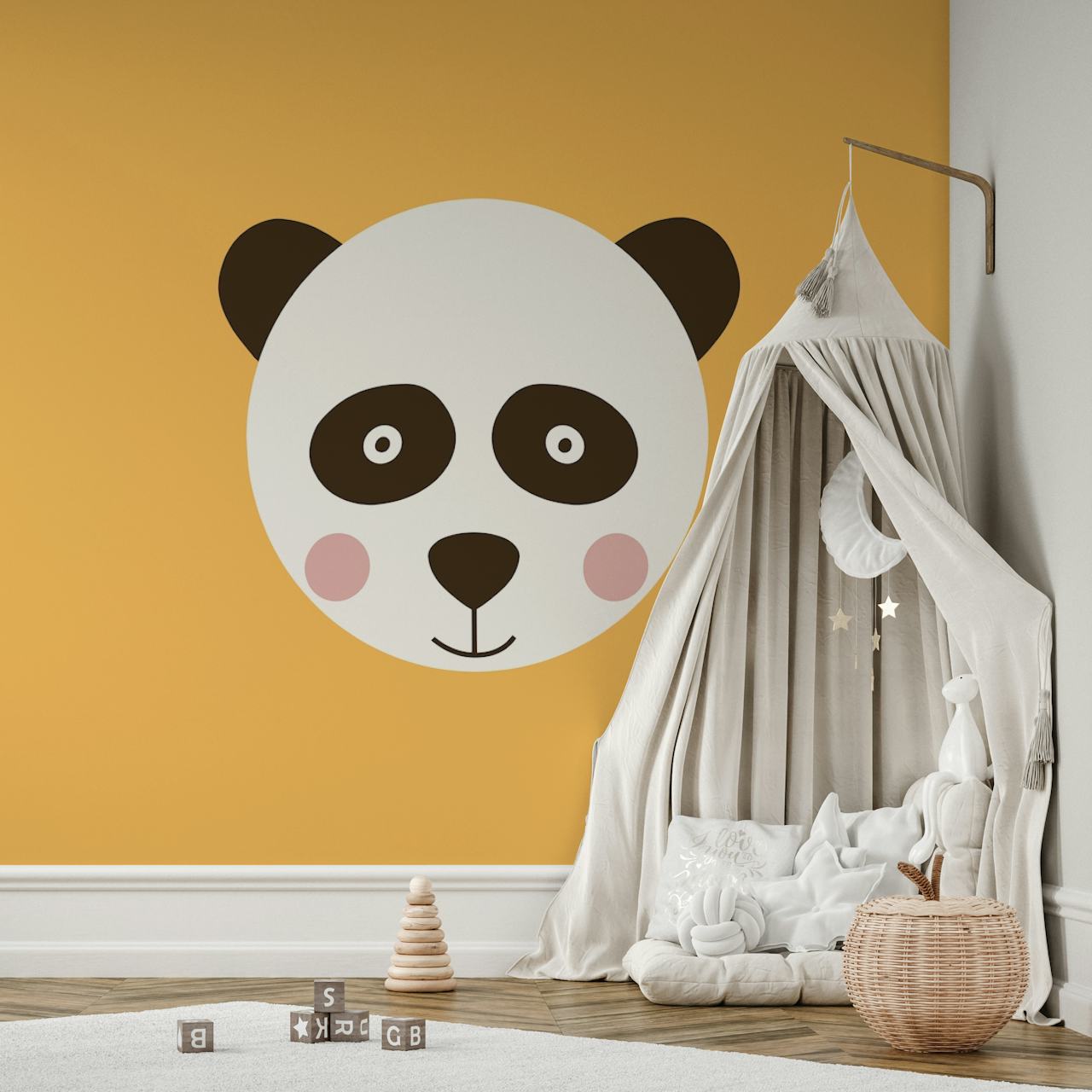 Cute panda faces on bright yellow background wallpaper