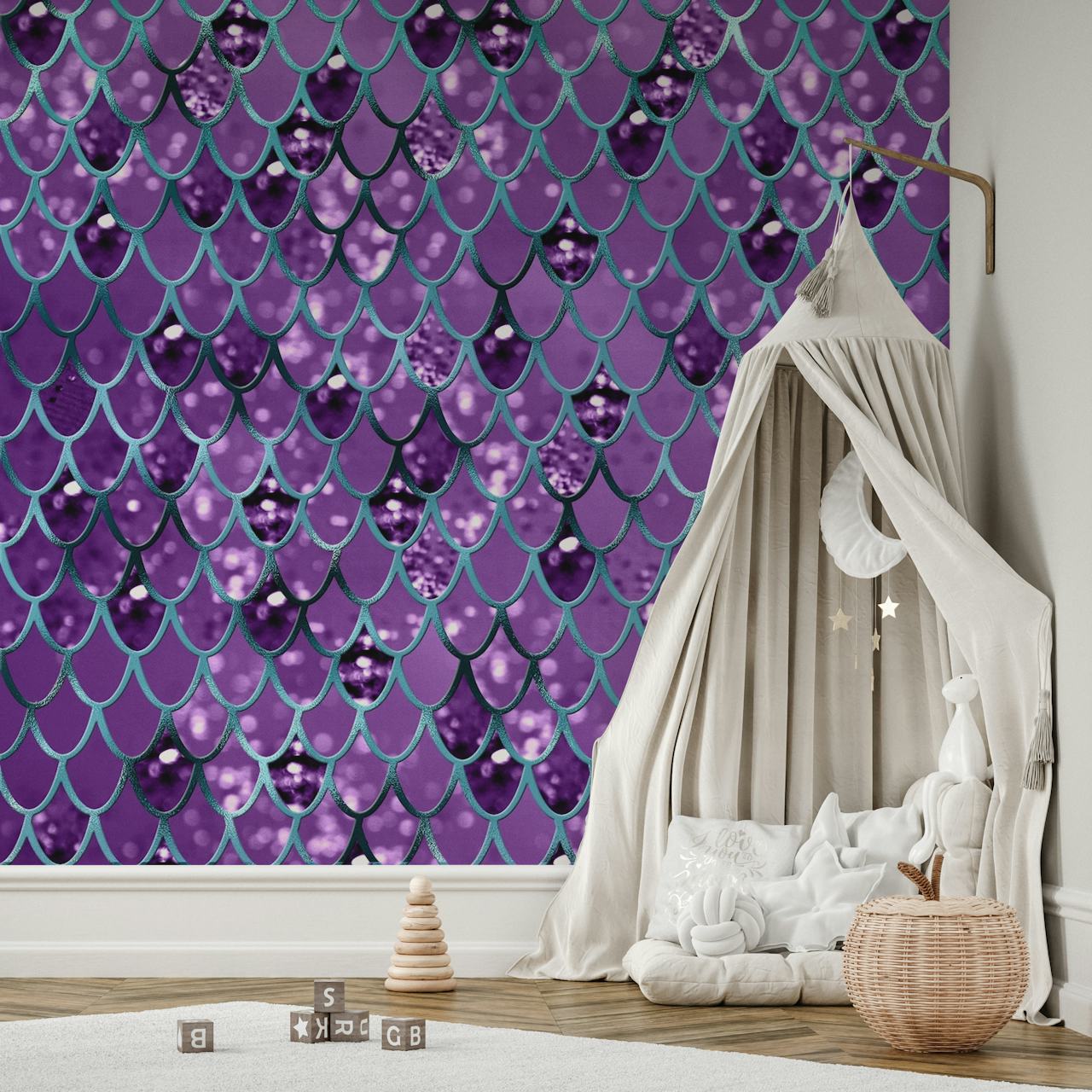 Purple teal mermaid scales wallpaper with shimmering elements
