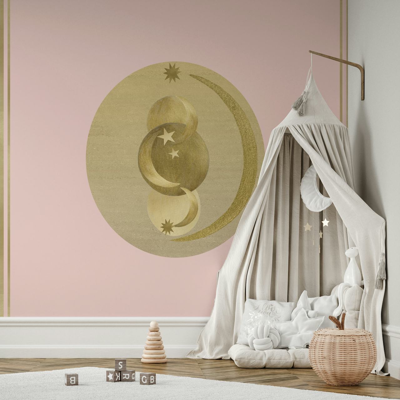 Blush gold moons and stars on pink background wallpaper