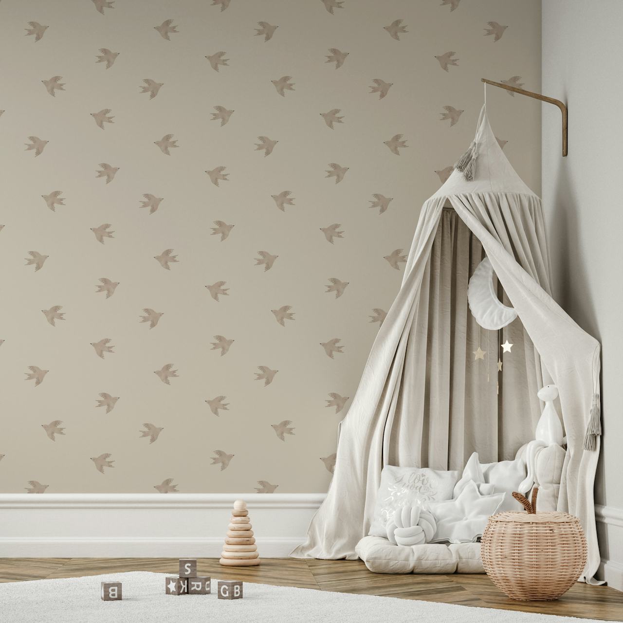 Cream wallpaper with tiny bird silhouettes in soft hues.