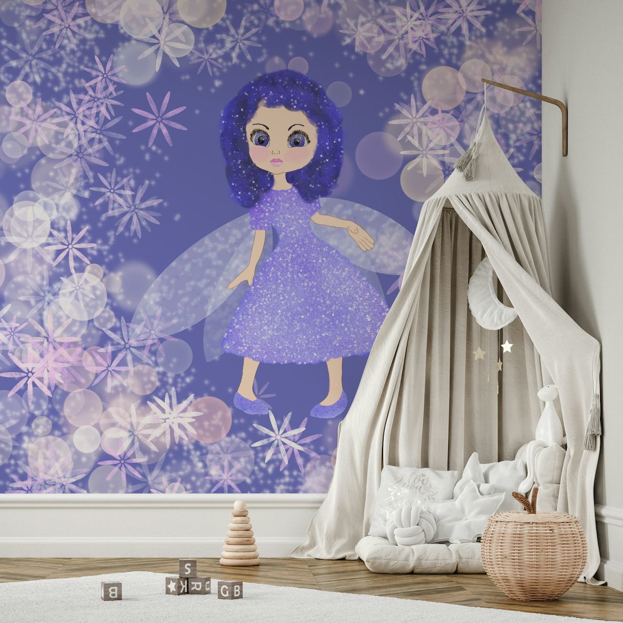 Purple Little Fairy 2 veggmaleri med en sjarmerende fe omgitt av snøflak og kuler på en lilla bakgrunn.