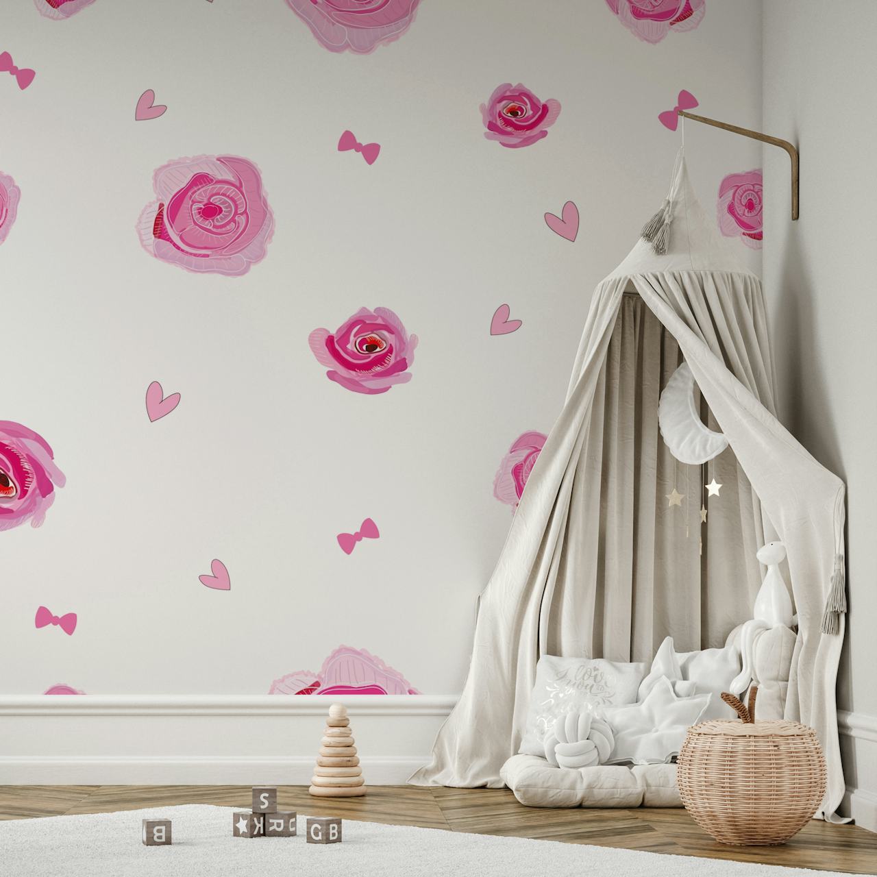 Hand-drawn pink roses and hearts on white background wallpaper